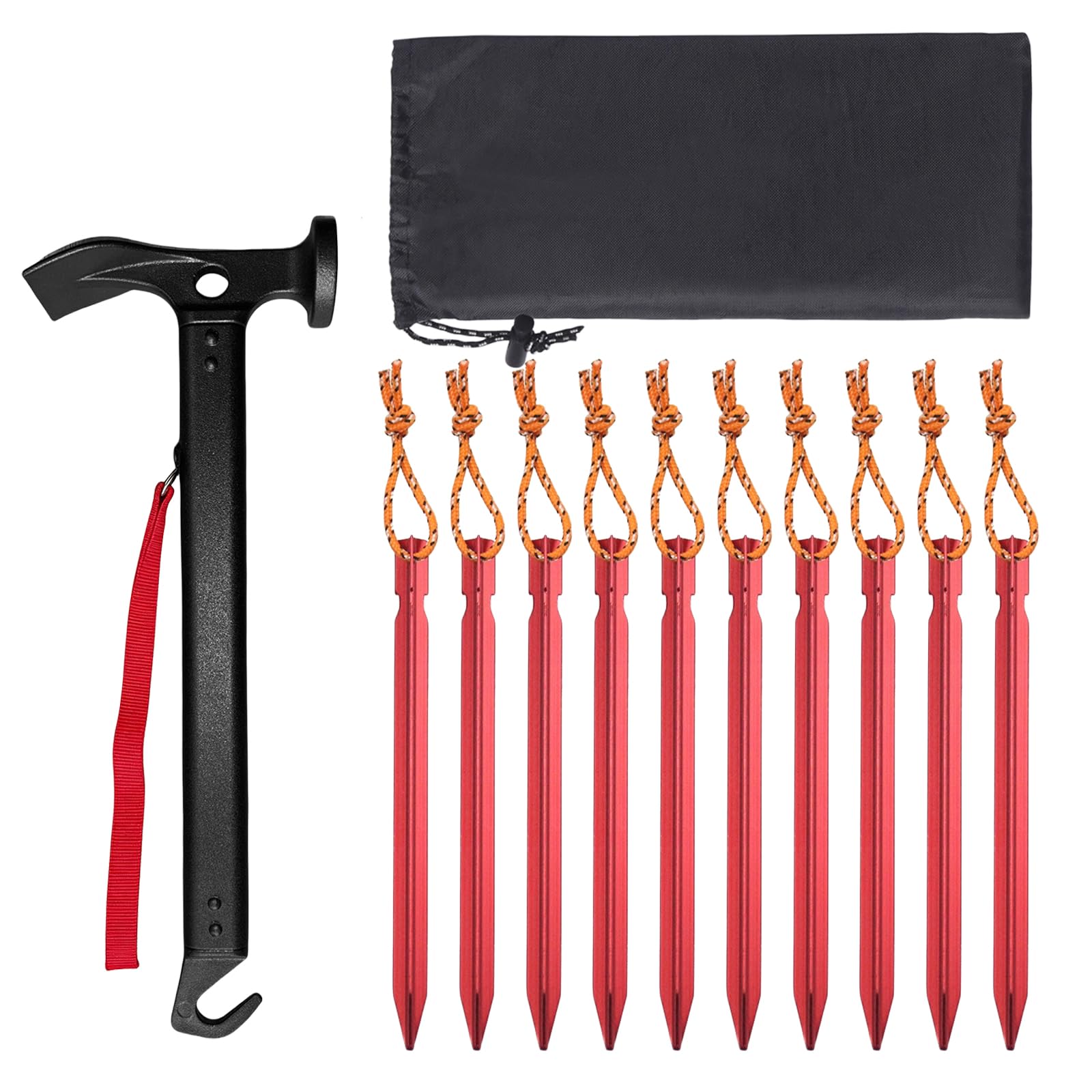 Marteaux de camping avec 10 piquets de tente : marteau de camping en aluminium robuste, facile à transporter, marteau de tente multifonctionnel, sac de rangement, pour le camping en plein