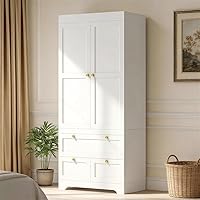 Vista 8 de Armario de 4 puertas blanco de 71 pulgadas con 2 cajones grandes y asas doradas, armario de almacenamiento independiente para colgar ropa