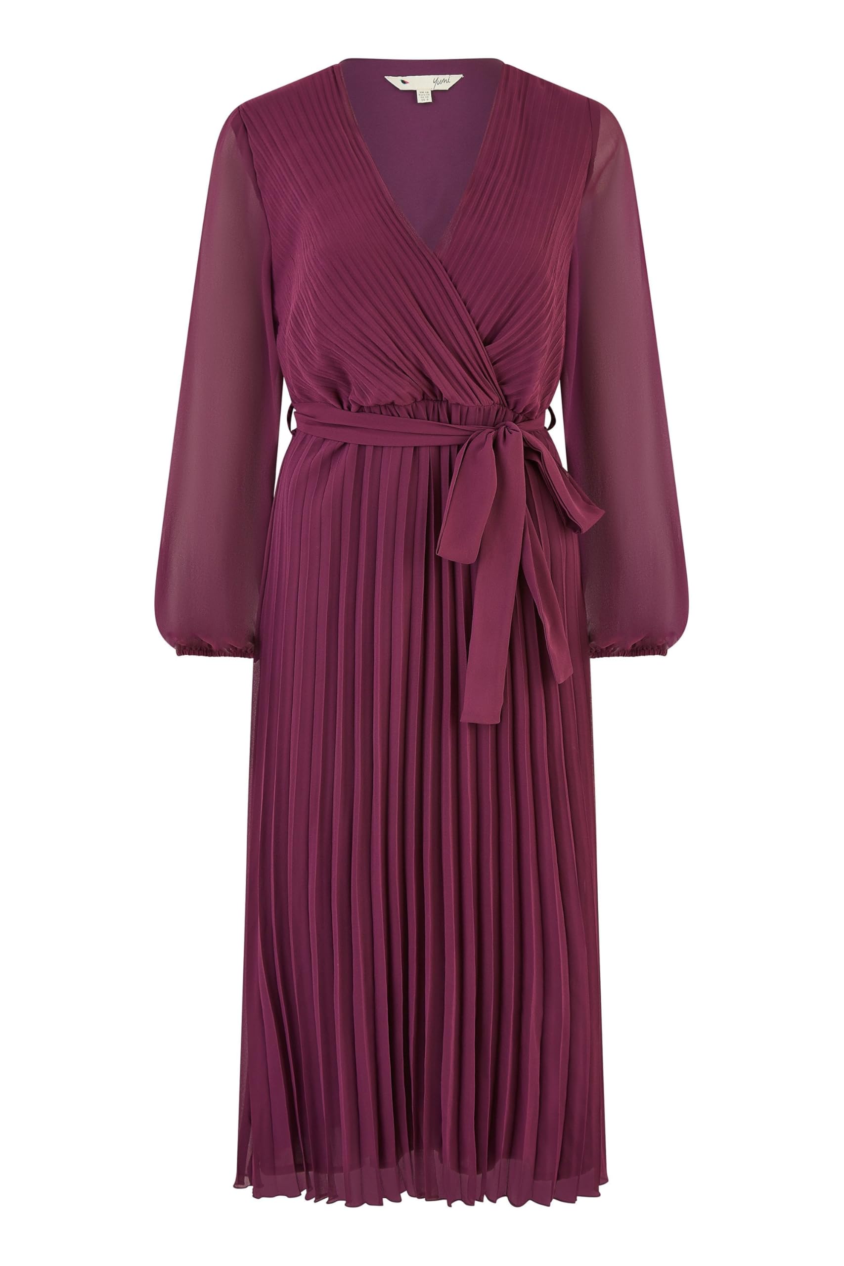 Yumi Plum Pleated Wrap Midi Dress with Sheer Long Sleeves (UK, Numeric, 14, Regular, Regular, Purple)