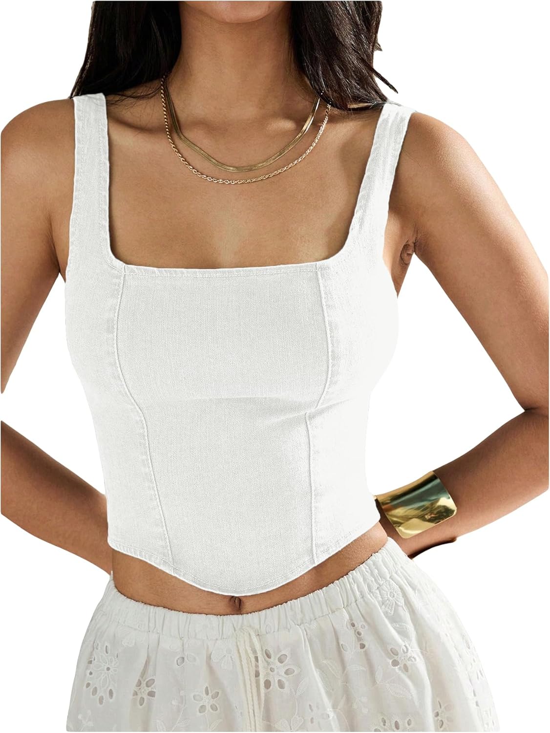 SHENHE Women's Denim Tank Top Sleeveless Square Neck Backless Slim Fit Y2k Crop Top