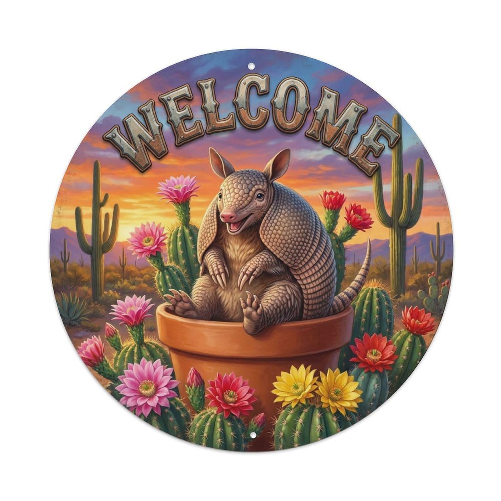 Okahys 8X8inch(20X20cm) Welcome Armadillo Cactus Flower Metal Tin Sign
