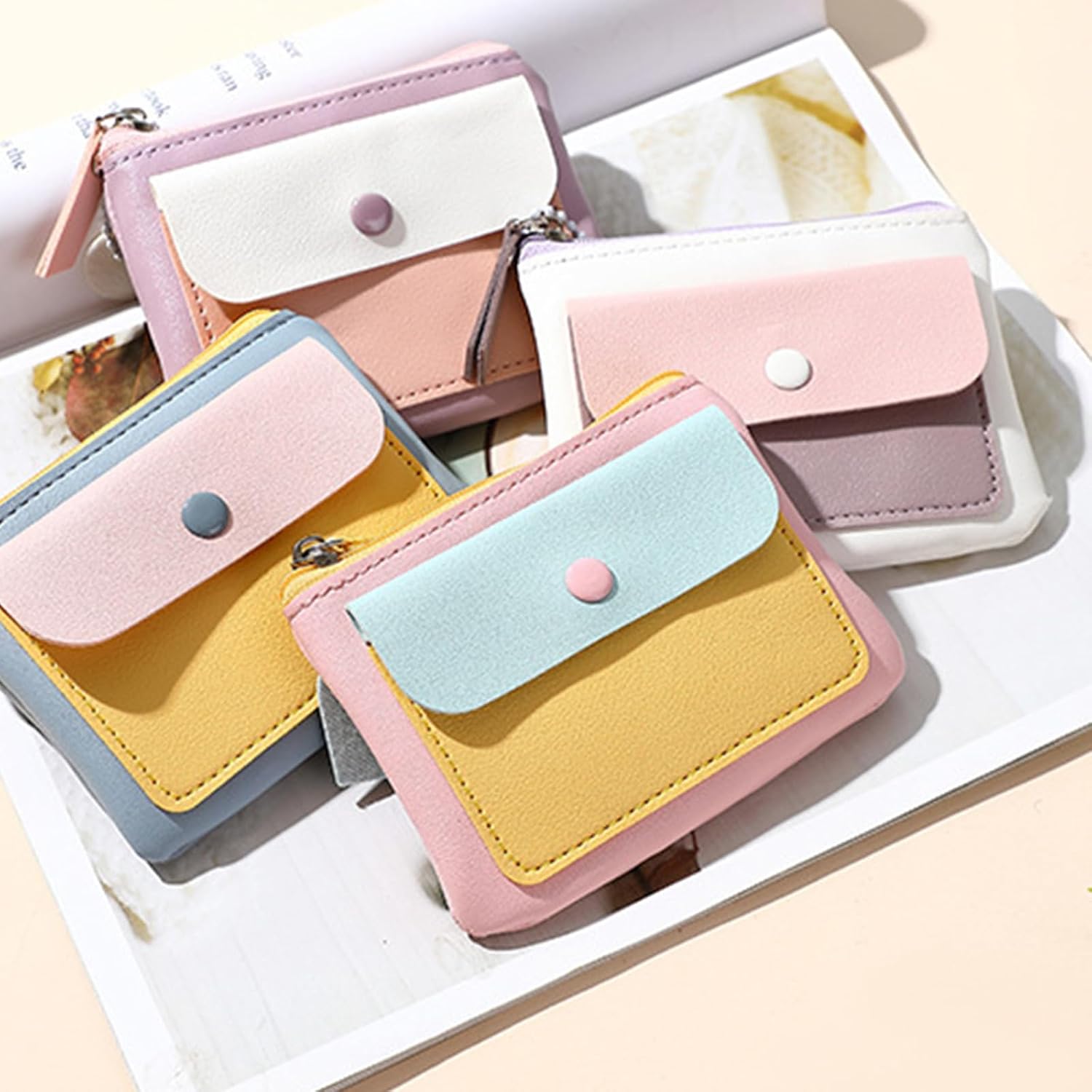 Multipurpose PU Leather Coin Purse Holder Bag for Women Girl Elegant Contrast Color Card Small Wallet Pouches Bag