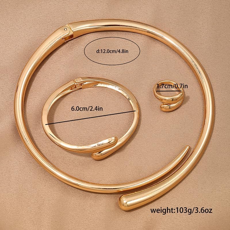 3 Pcs Chunky Gold Statement Jewelry Set for Women Bold Golden/Silver Choker Necklace Bracelet Ring Set Minimalist Open Adjustable Geometric Collar Necklace Fashion Jewelry Accessories for Women - Image 5
