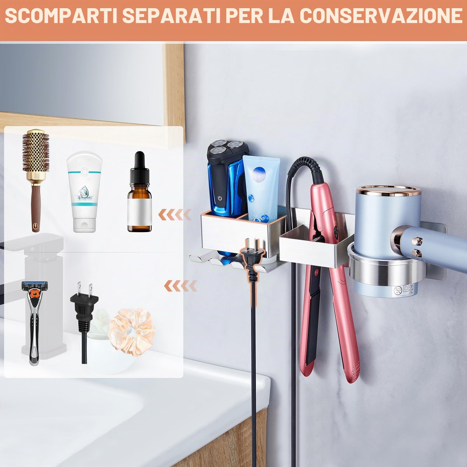 Porta phon e piastra, Porta phon da muro, Porta piastra per capelli, Porta asciugacapelli con 2 Scomparti E Supporto per Cavo, in acciaio inox Porta Phone Bagno da Muro, Supporto per asciugacapelli