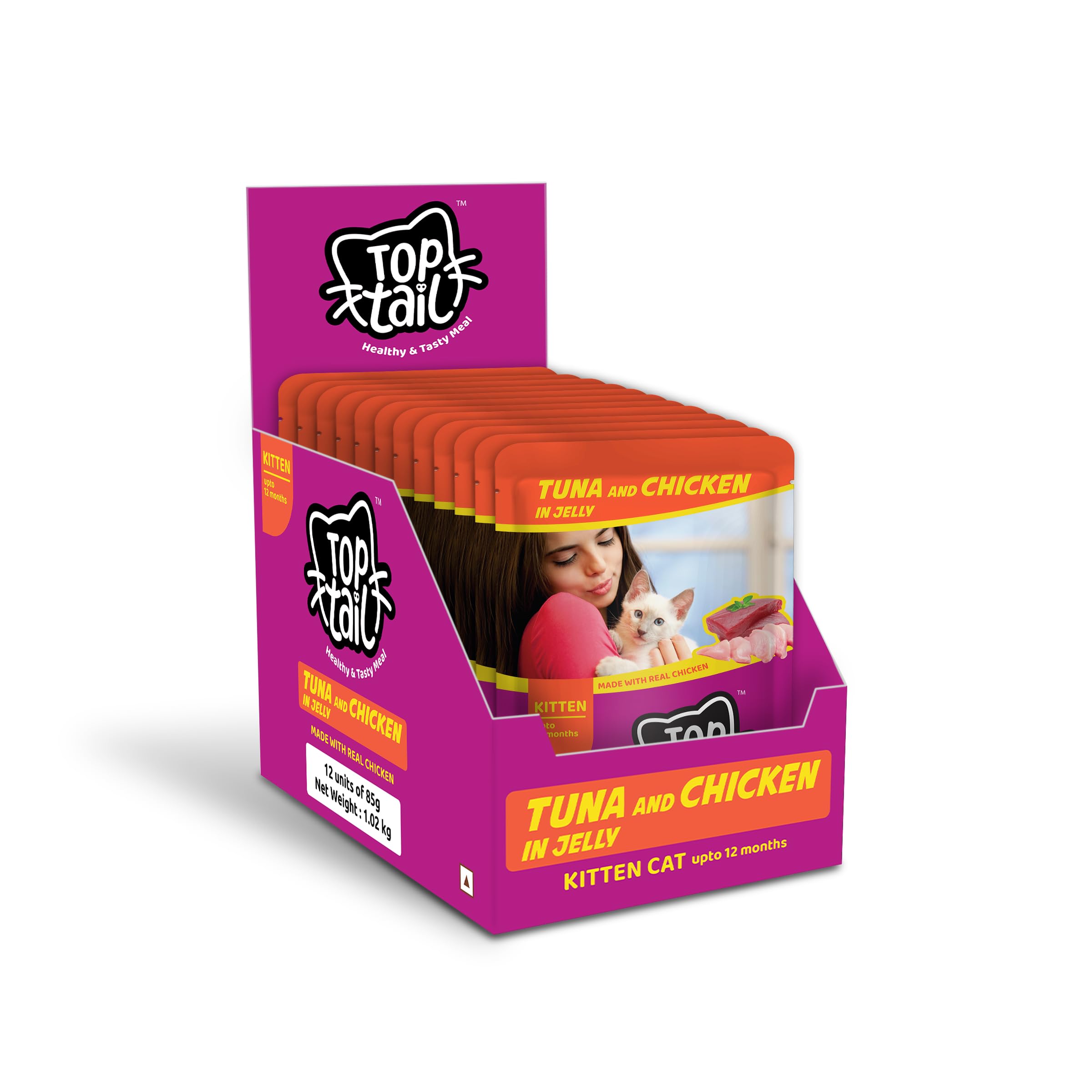 Top tail Kitten Wet Cat Food-12 Pouches, 12x85 gm (Upto 12 Months) | Tuna & Real Chicken in Jelly Flavour Healthy & Tasty High Protein Kitten Food | Fortified with Vitamins & Minerals (B0CWR5GLFZ) Amazon Price History, Amazon Price Tracker