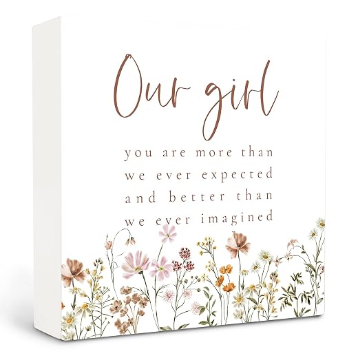 Baby Girl Nursery Decor Wood Box Sign - Girls Room Decor, Boho Nursery Decor for Girl, Baby Shower Gifts for Girls, Toddler Baby Little Girl Room Shelf Desk Decor, Our Girl Nursery Signs, 5x5