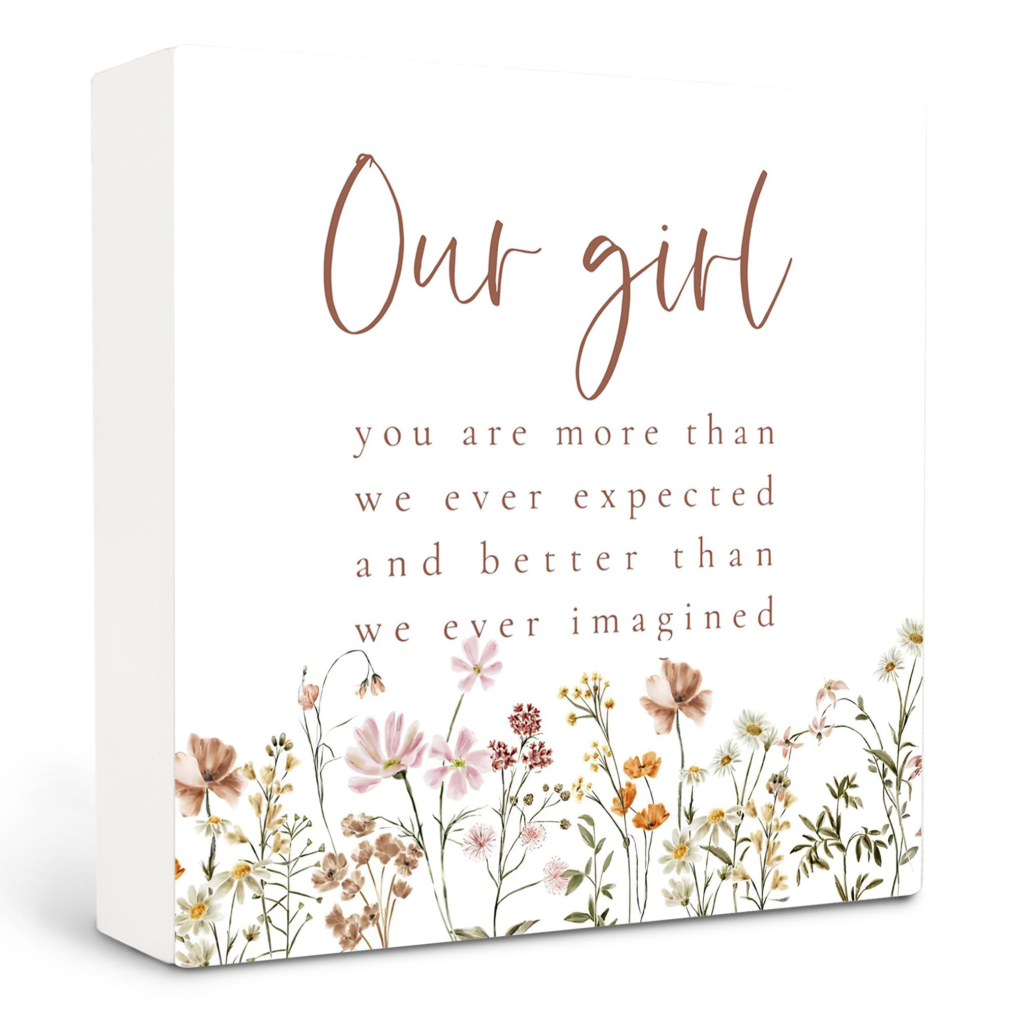 Baby Girl Nursery Decor Wood Box Sign - Girls Room Decor, Boho Nursery Decor for Girl, Baby Shower Gifts for Girls, Toddler Baby Little Girl Room Shelf Desk Decor, Our Girl Nursery Signs, 5x5