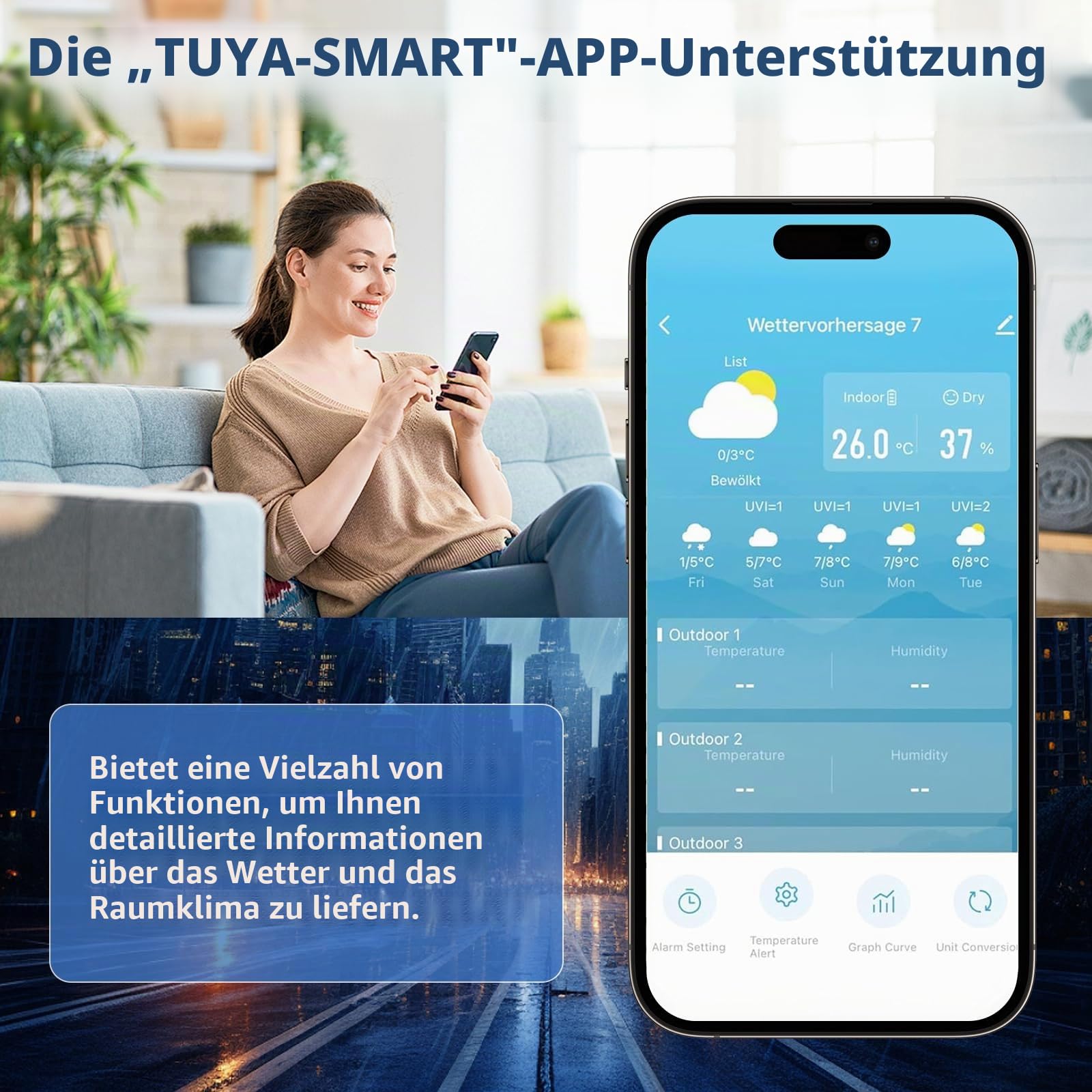Wetterstation Wlan,Mit Außensensor & Wettervorhersage,Mit App Tuya Und Smartlife,Digital Farbdisplay,Batteriebetrieb Und Netzbetrieb,Wetterstation Funk Mit Außensensor Für Innen Und Außen