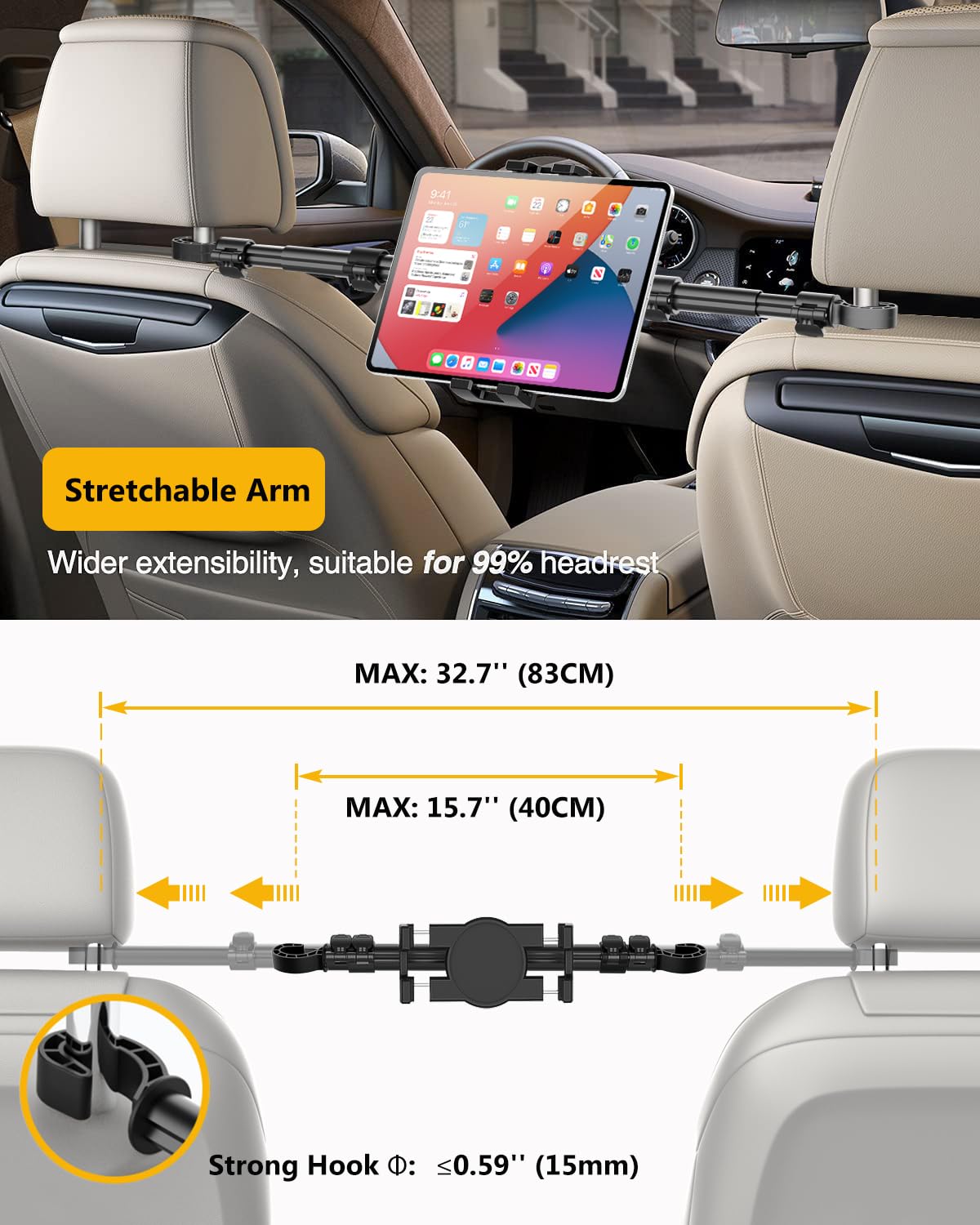 YOOZ Auto-Kopfstütze Tablet-Halterung, Auto-Rücksitz-Tablet-Halterung für Kinder, dehnbar und ultrastabil, zwischen den Sitzen, Tablet-Ständer für Switch, iPad Pro Air Mini, Lenovo, iPhone, 4-12,9