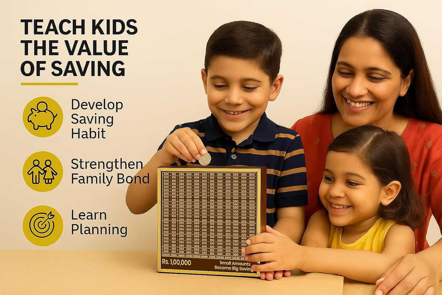 Nizomi Wooden Modern Piggy Bank for Kids & Adults, Coin Box with Carved Design, Savings Box, Donation Box, Smart Money Box, Wooden Coin Box, Money Saver, Piggy Bank with Numbers - Return Gift 3
