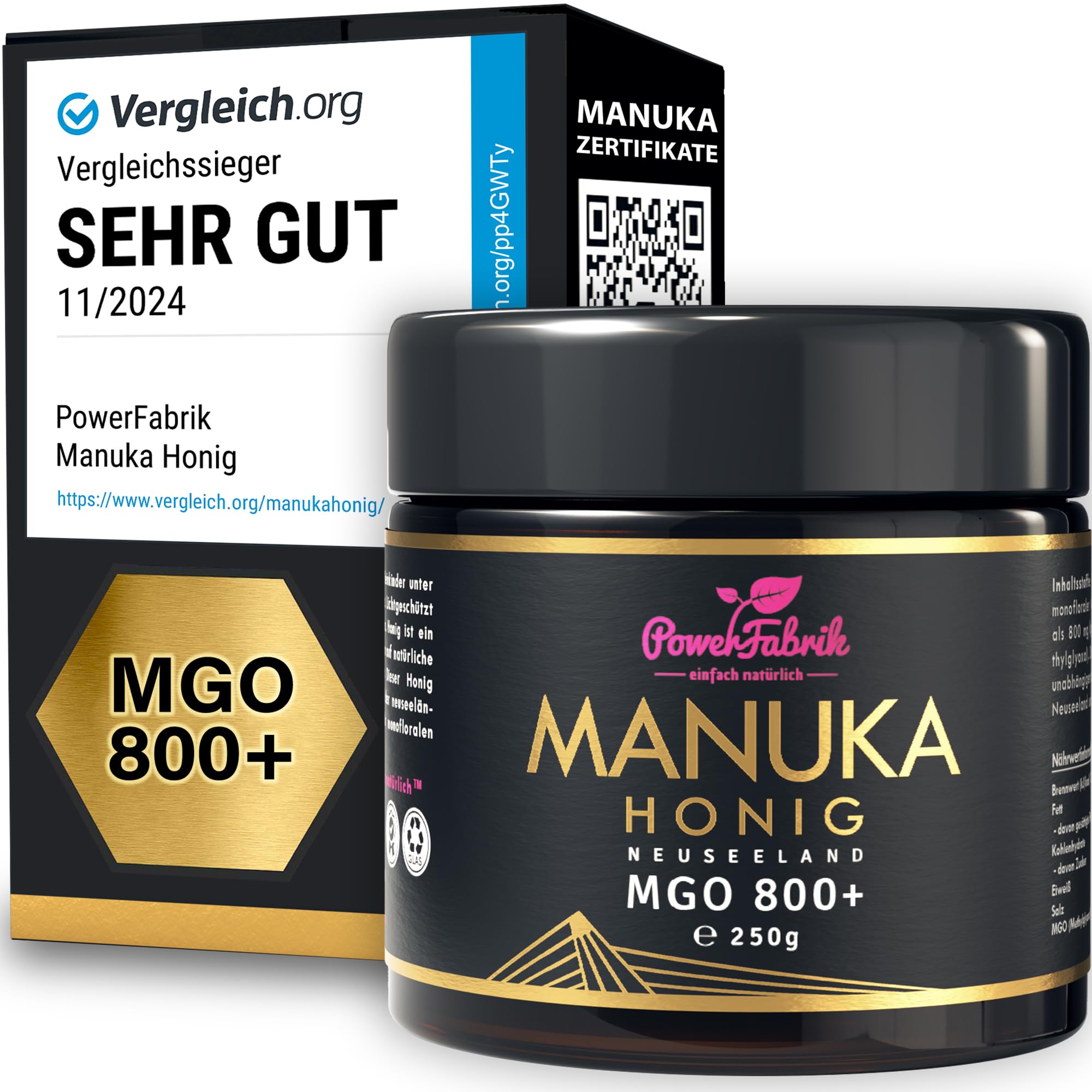 Manuka Honig | MGO 800+ | 250g | Das ORIGINAL aus NEUSEELAND mit Herkunftsnachweis | ANALYSIERT & ZERTIFIZIERT | Premium Qualität 100% natürlich | PowerFabrik