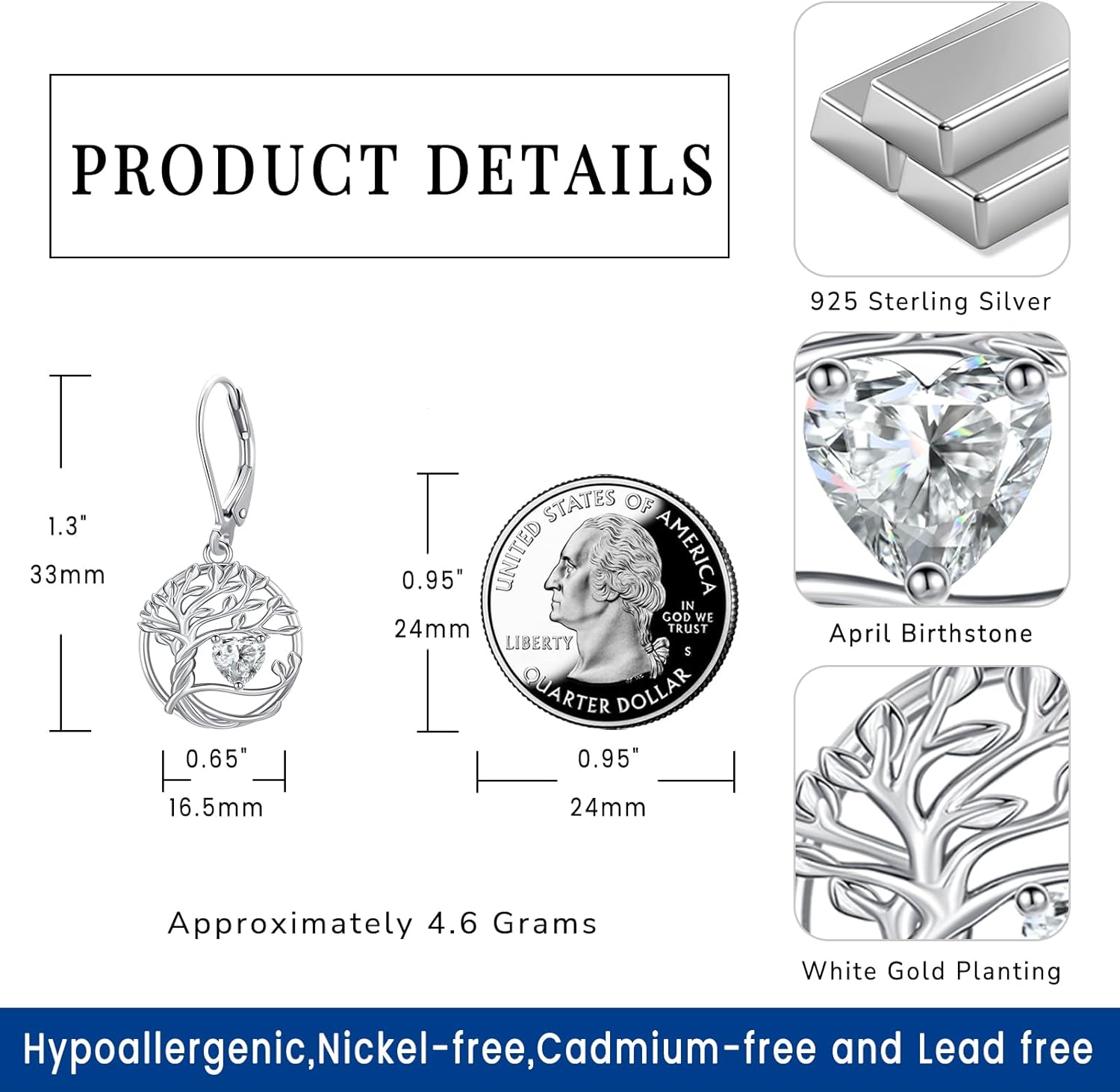 Eusense 925 Sterling Silver Tree of Life Birthstone Earrings Heart Dangle Drop Earrings Christmas Jewelry Gifts for Women