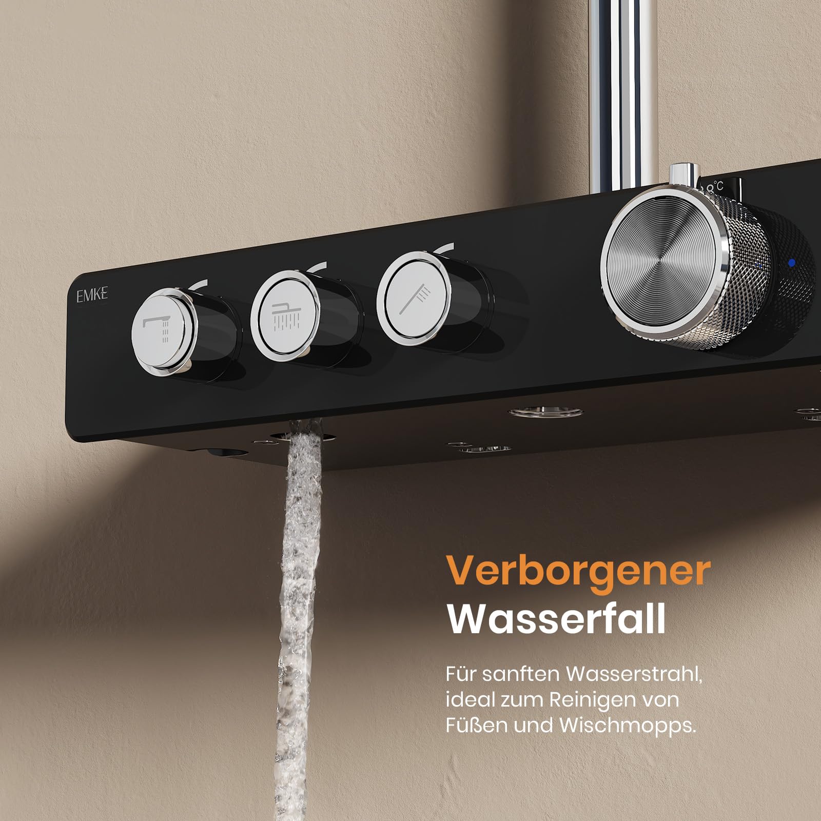 EMKE Duschsystem mit Thermostat, Regendusche Duschsystem Chrom, mit großer 26 cm Regendusche, 3 Strahlarten Handbrause, höhenverstellbarer Brausestange und Schlauch, Duscharmatur Komplettset