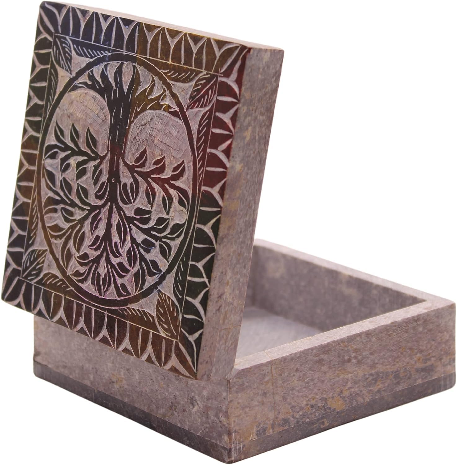 Jagdamba Handicrafts Hand Carved Marble Soapstone Square Shape Jewellery/Ornament Box Jewellery Decorative Storage Box For Girls And Kids (Multi colour