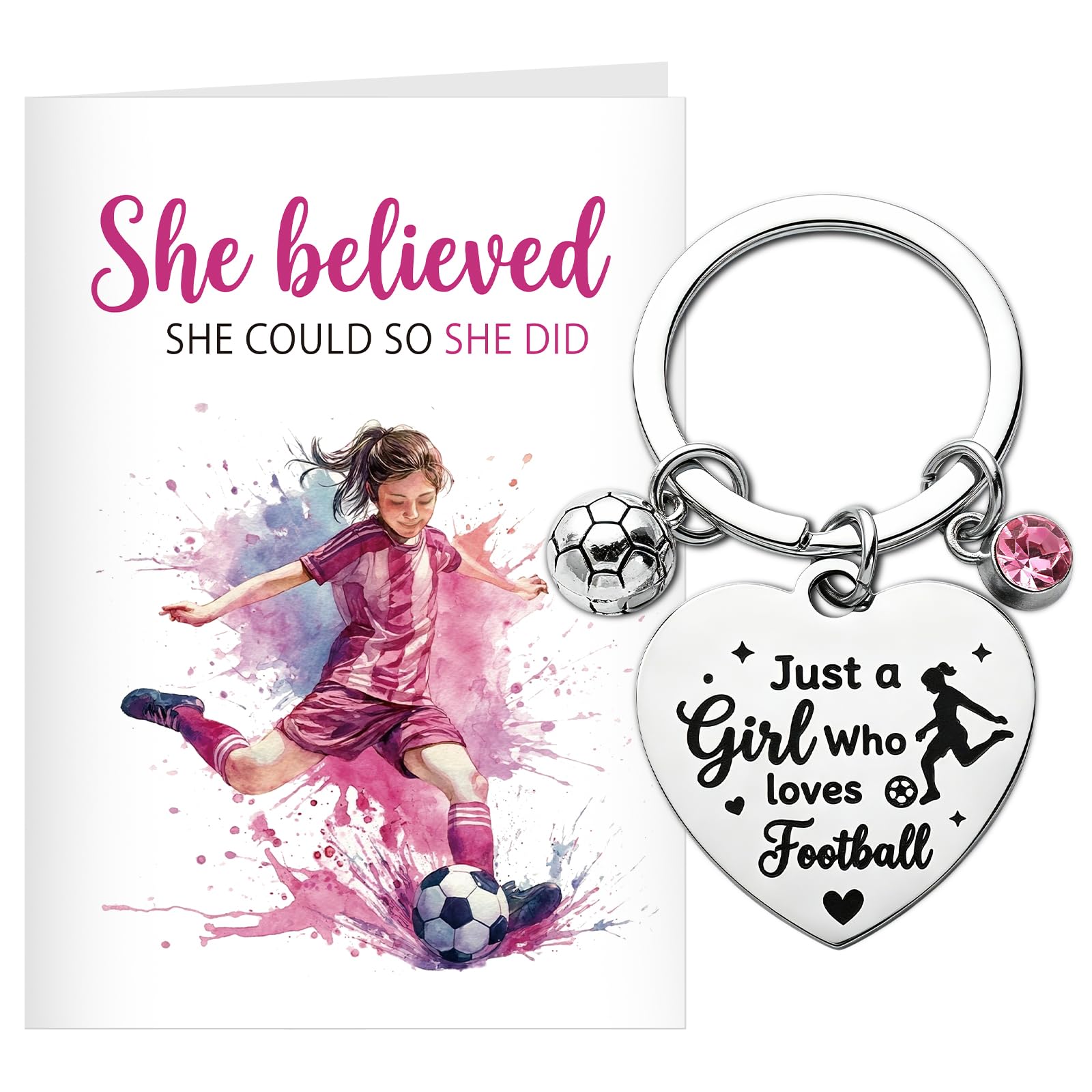 DOORIO Football Keyring Gift for Girls, Football Card & Keychain “She Believed She Could” Inspirational Gift for Girls Who Love Football