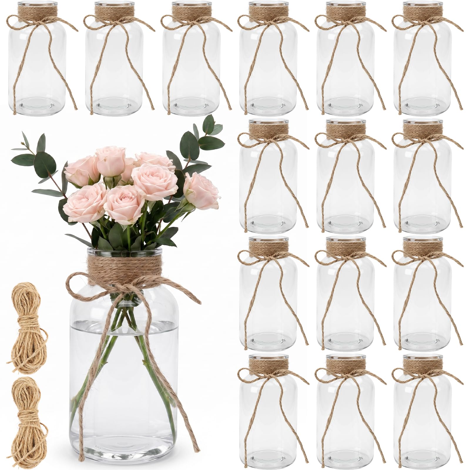 Lot de 15 vases en verre à col large de 500 ml avec cordon de jute
