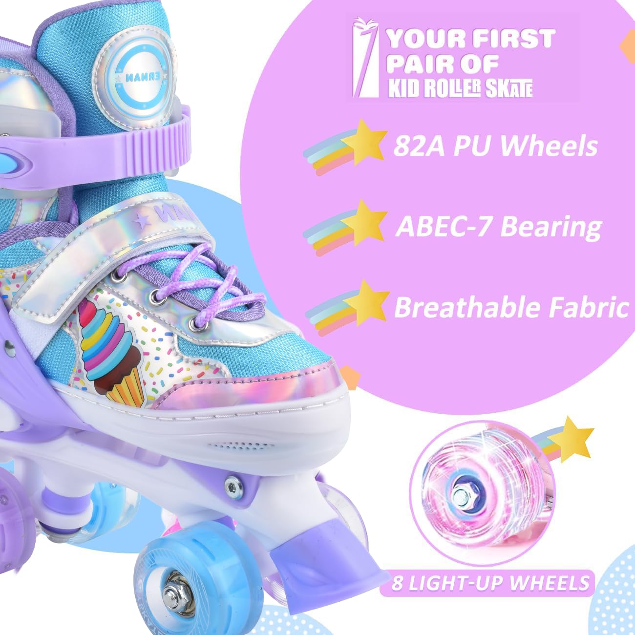ERNAN Pattini a rotelle per bambini, 8 ruote luminose e 4 misure regolabili. Pattini a rotelle per bambini principianti, adatti per interni ed esterni