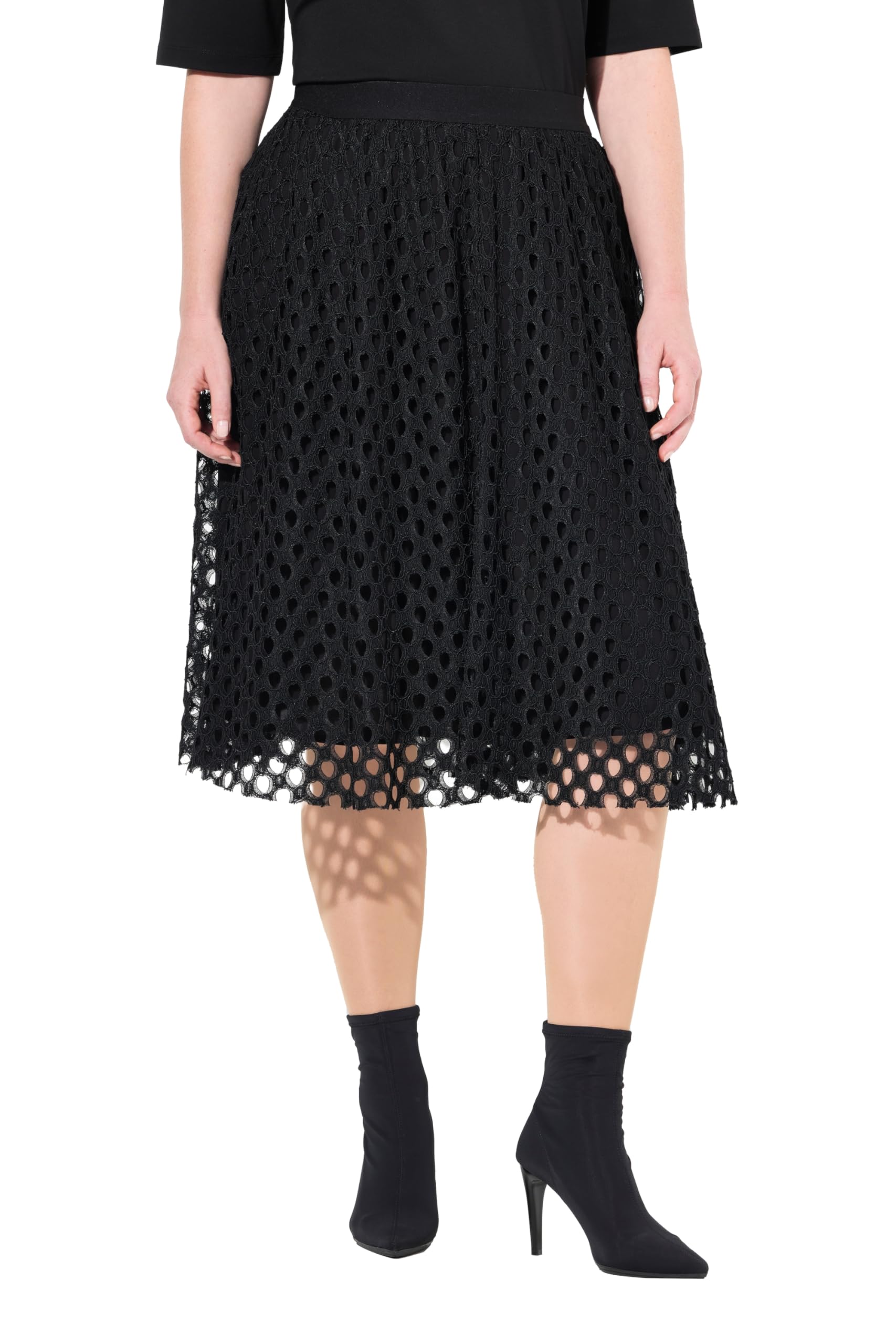 Ulla Popken Damen große Größen Übergrößen Plus Size Midirock, Lochspitze, A-Linie, Elastikbund 834949