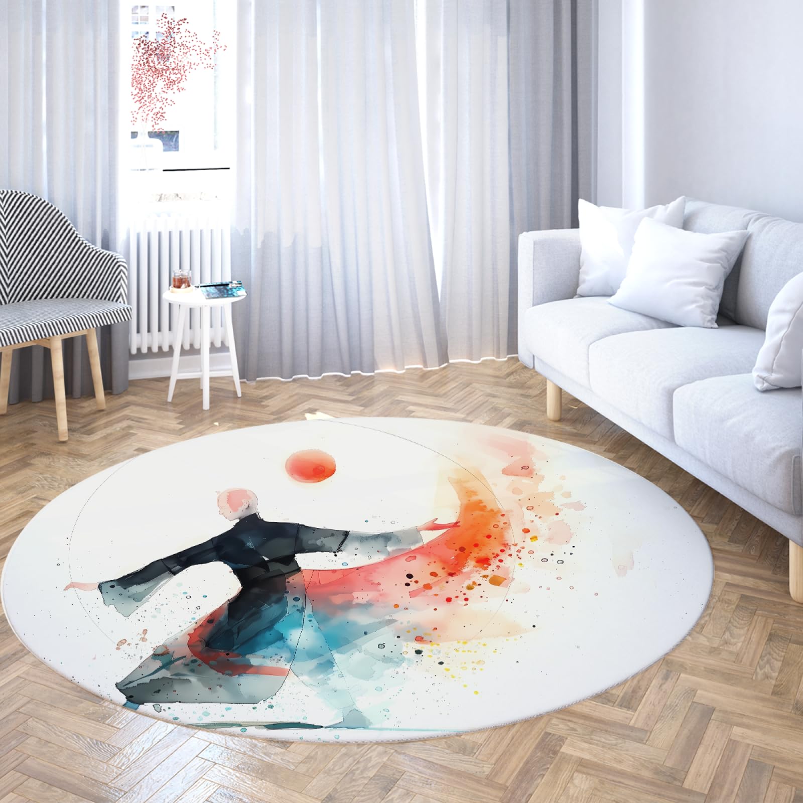 Tapis rond arts martiaux lavable au motif aquarelle abstrait antidérapant