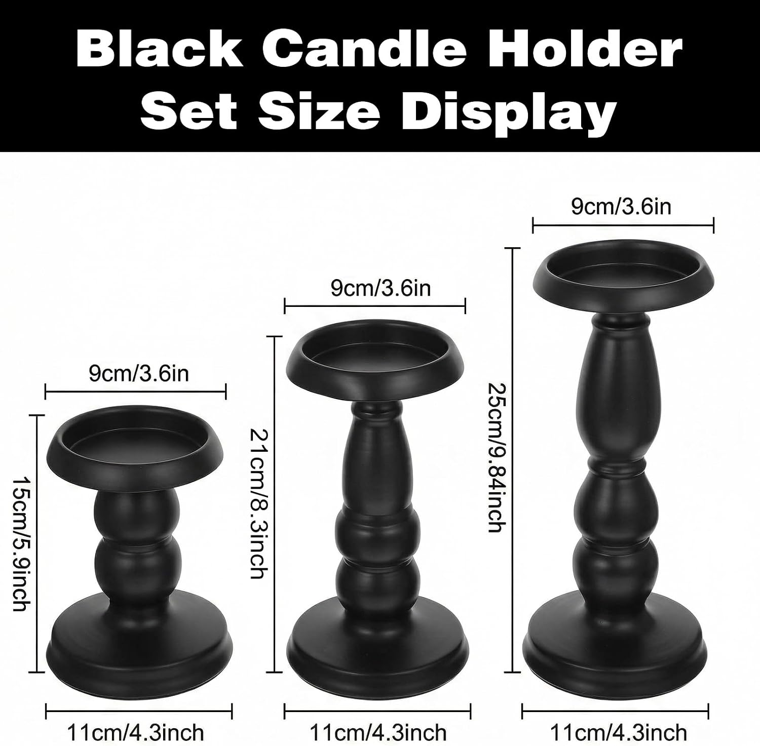 3 Pcs Matte Black Pillar Candle Holder Set Tall Iron Candlestick Holders for 3 Inch & 4 Inch Candles, Vintage Home Decor Centerpiece for Fireplace, Dining, Living Room