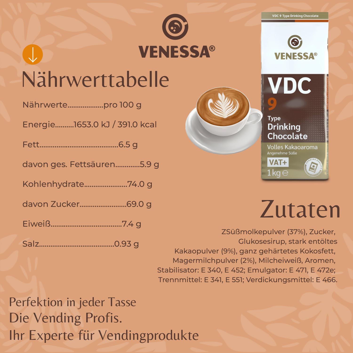 VENESSA VDC9 czekolada do picia 2 x 1 kg – opakowanie próbne – kakao w proszku z 9% kakao premium i zawartością mleka do automatu do gorących napojów – rozpuszczalna, lekko słodka, kremowa