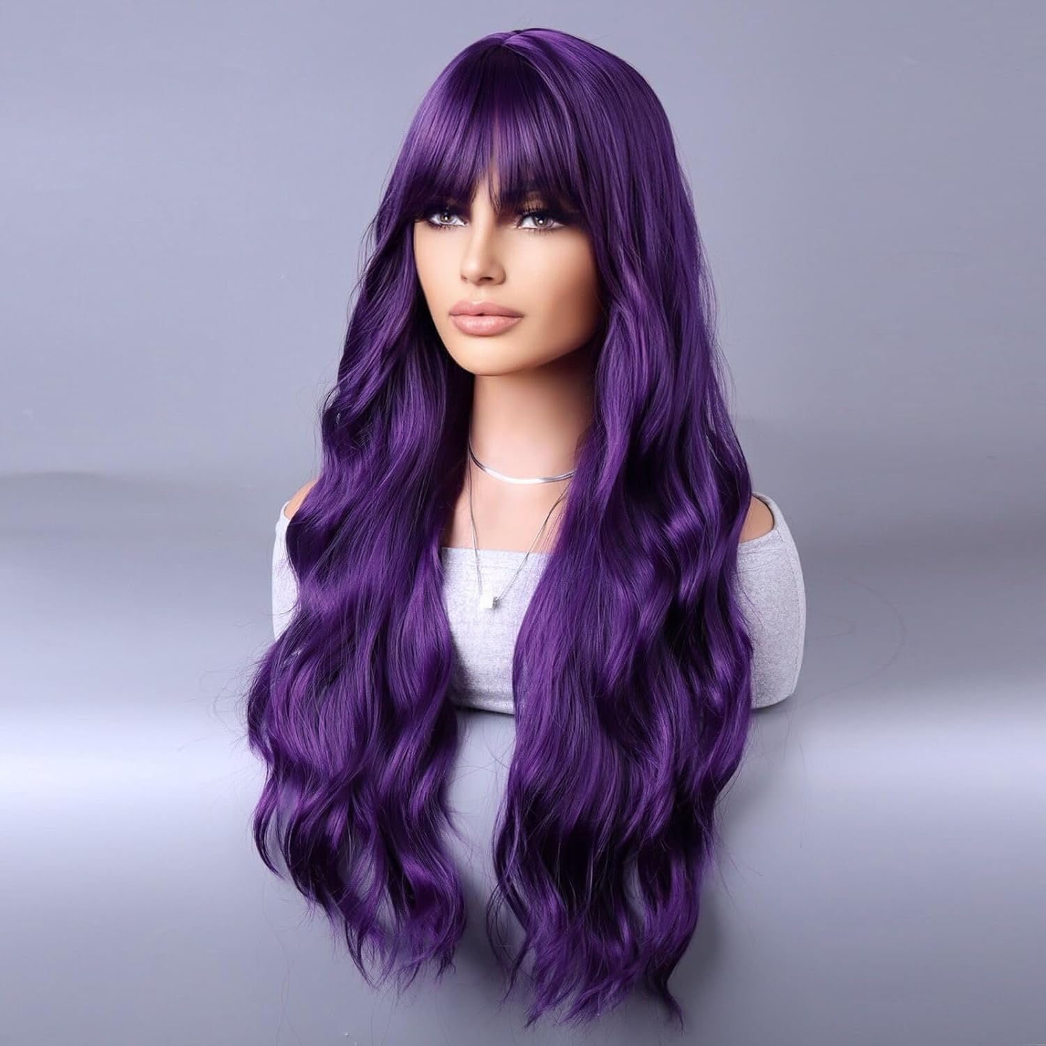 BERON 26 Inches Purple Wig Long Curly Dark Purple Wig with Bangs for Women Daily Party Hairnet Include