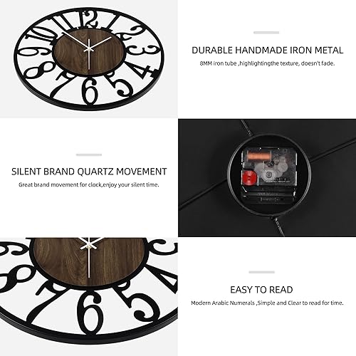 Miniatura 3 de Maxstar Reloj de pared redondo para decoración de sala de estar, funciona con pilas, relojes de madera de metal negro para decoración del hogar,