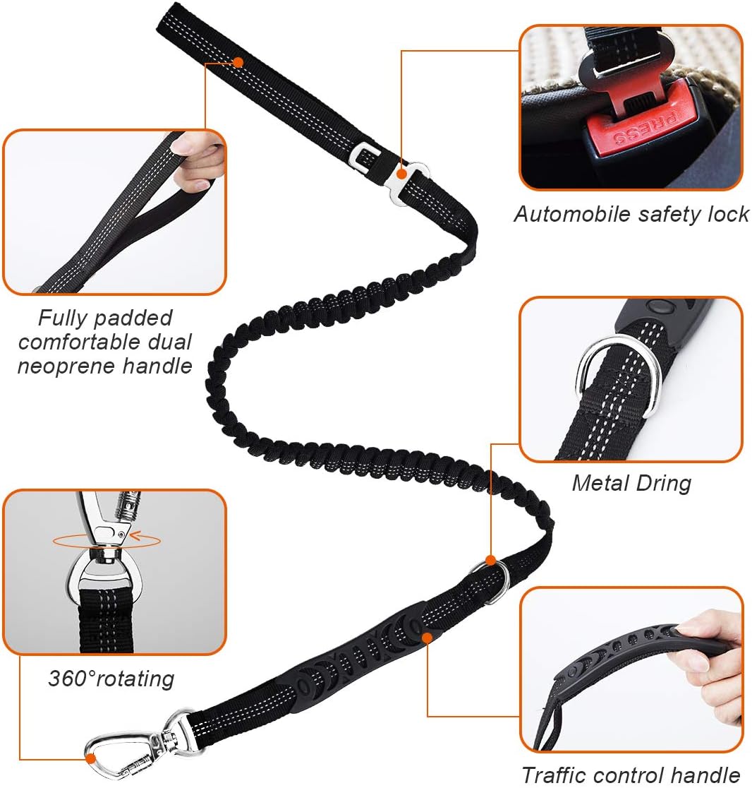 BARKLESS Upgraded Bungee Dog Leash for Medium Large Dogs, 6ft Multifunctional Shock Absorbing Leash with Car Seat Belt, 2 Padded Handles for Walking Training Extra Control