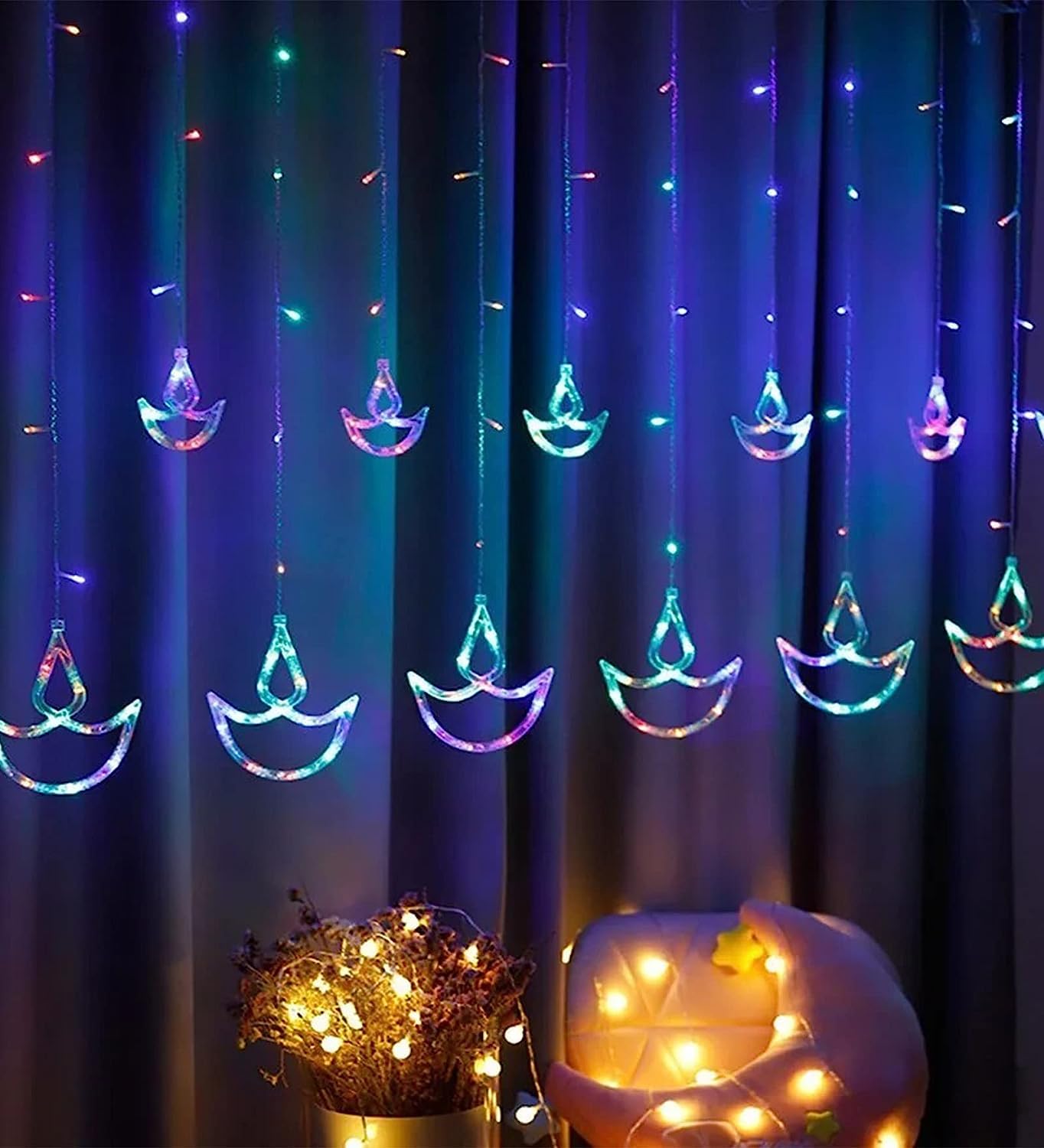 The Purple Tree Multicolor Diya LED Curtain Lights for Diwali, Window, Festive, 2.5 m, Diya Curtain Lights (Pack of 1) M