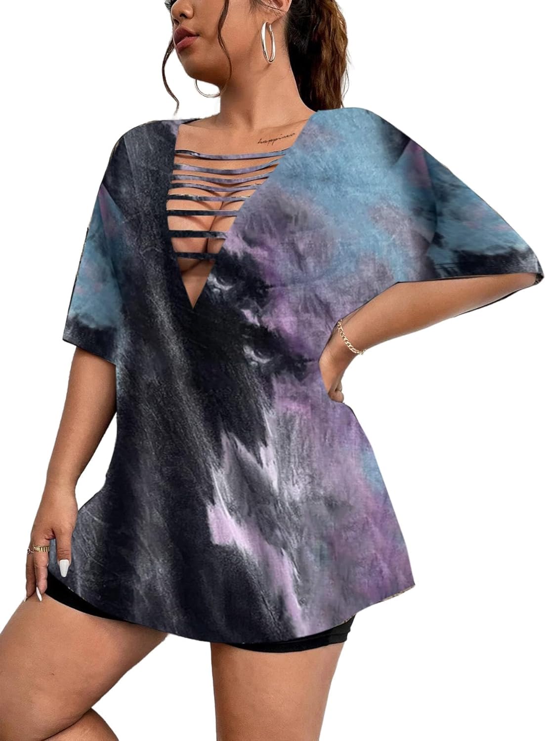 Remidoo Womens Oversized Tshirt Ripped Tie Dye Shirt Sexy Cut Out Top Short Sleeve V Neck Tee - Image 6