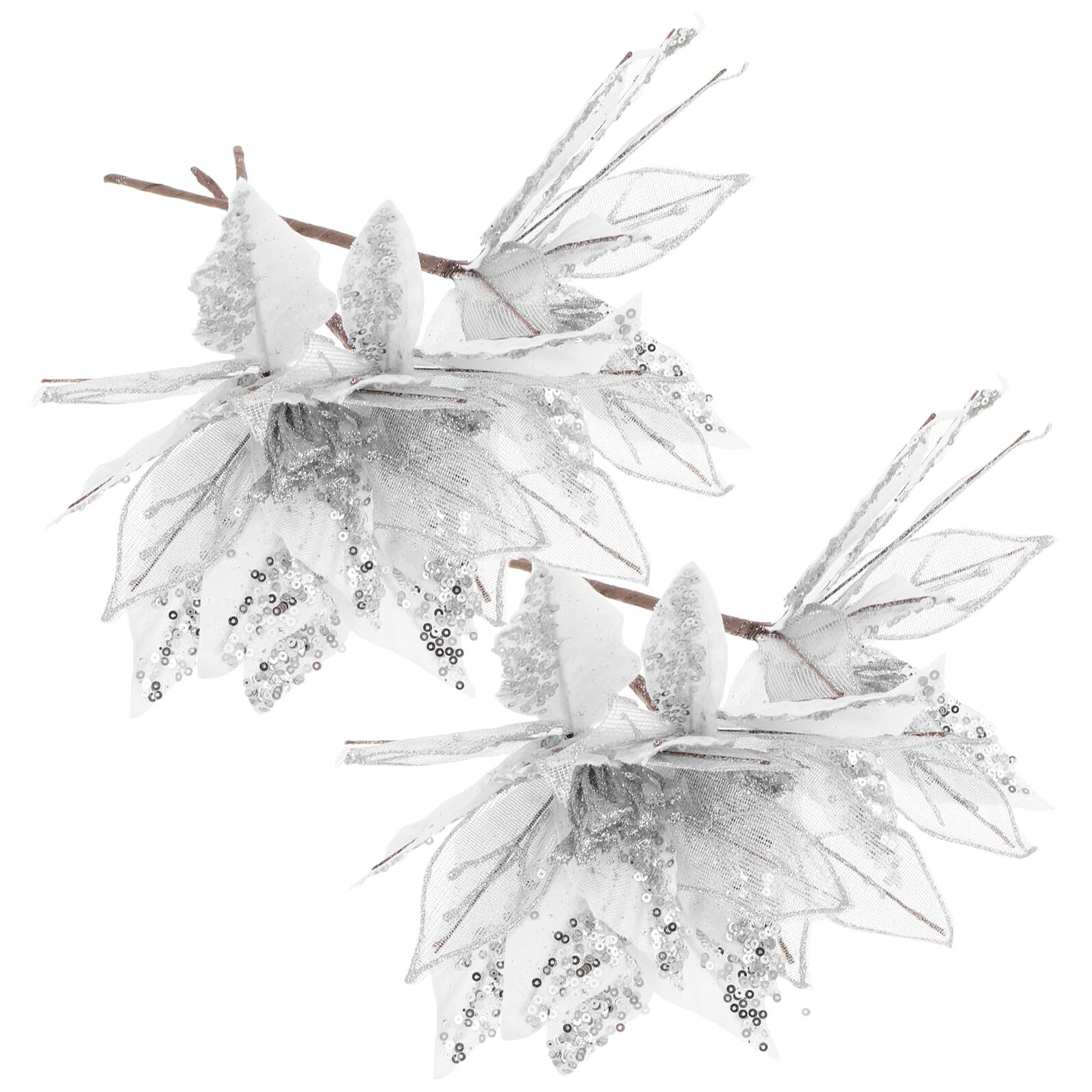 6 Stück Teiliges Silberne Weihnachts-Poinsettia Handgefertigte Künstliche Glitzerblumen Leichte Weihnachtsbaumschmuck Vielseitige Indoor-Dekoration für Festkranz und Kamin