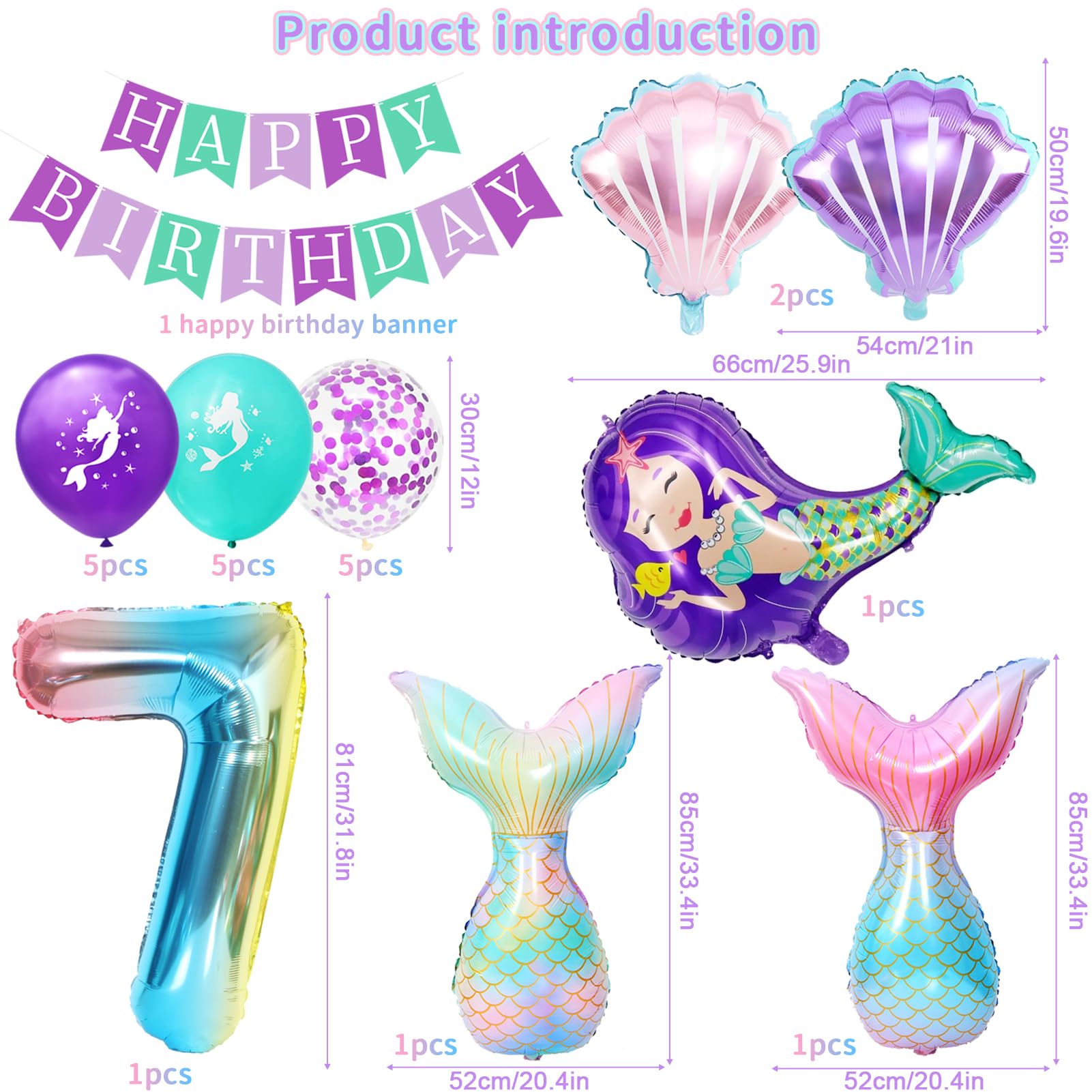 Set Decorazione Compleanno Sirena Per 2 Anni, Con Palloncini A Forma Di Sirena E Conchiglia, Numeri E Coriandoli, Per Festa Bambina - 2