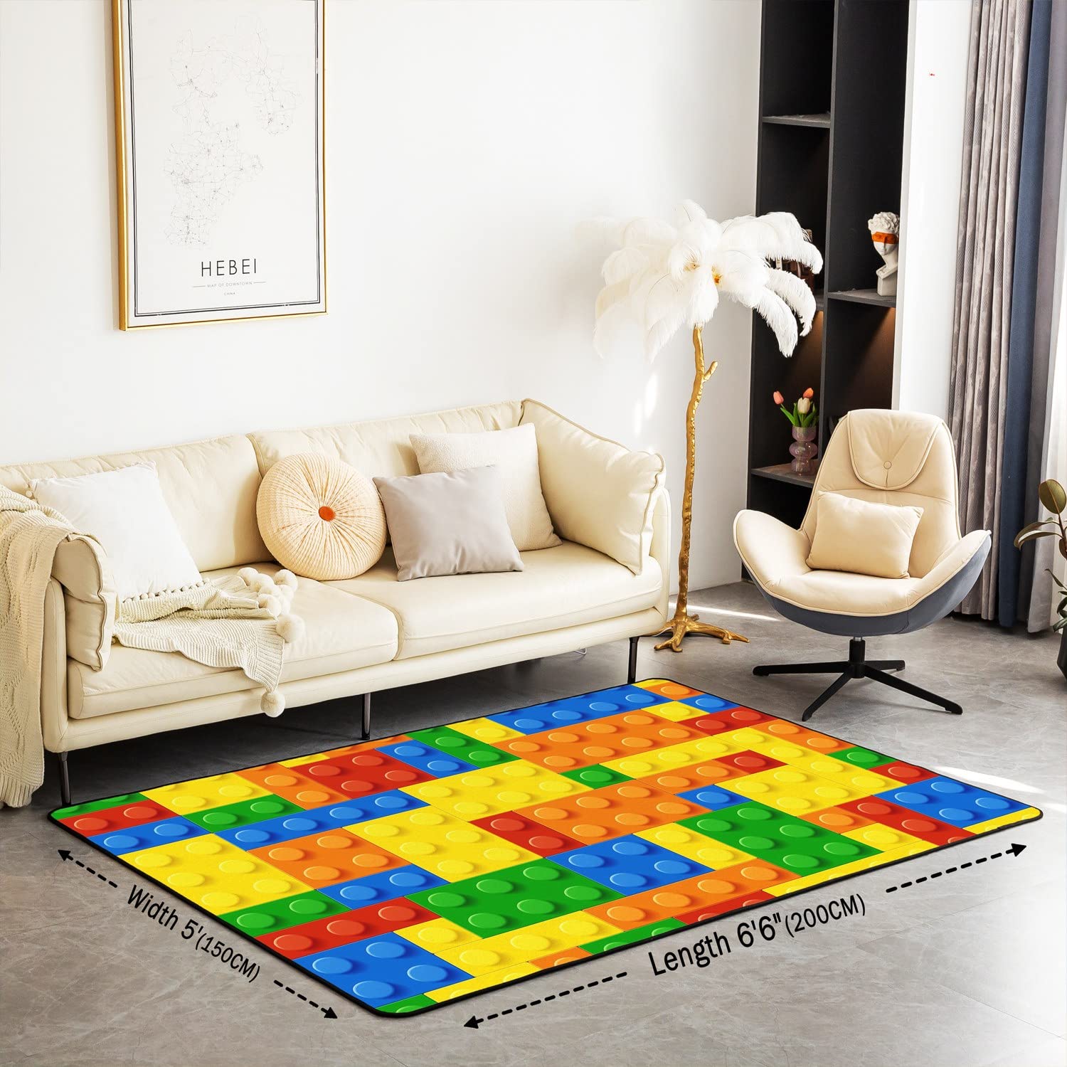 Tappeto con blocchi di costruzione, tappeto per bambini, ragazzi e ragazze, motivo geometrico colorato, per soggiorno, camera da letto, cucina, 100 x 150 cm