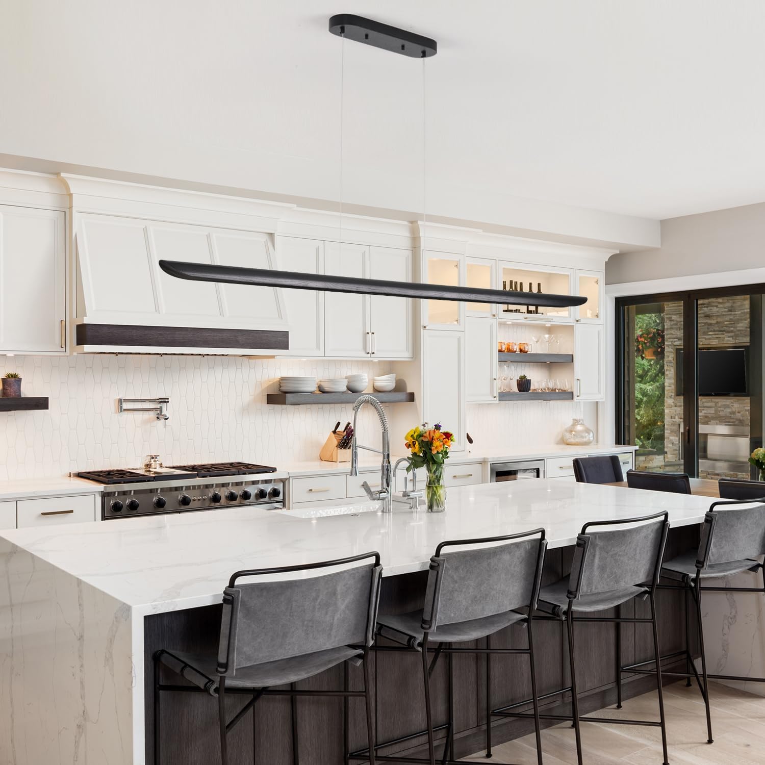 55" Modern LED Linear Pendant Light,Dimmable Kitchen Island Light 40W LED lsland Lights for Kitchen,Adjustable Linear Chandelier for Dinning Room Light Fixture, Bar, Pool Table Light Black Wood Finish