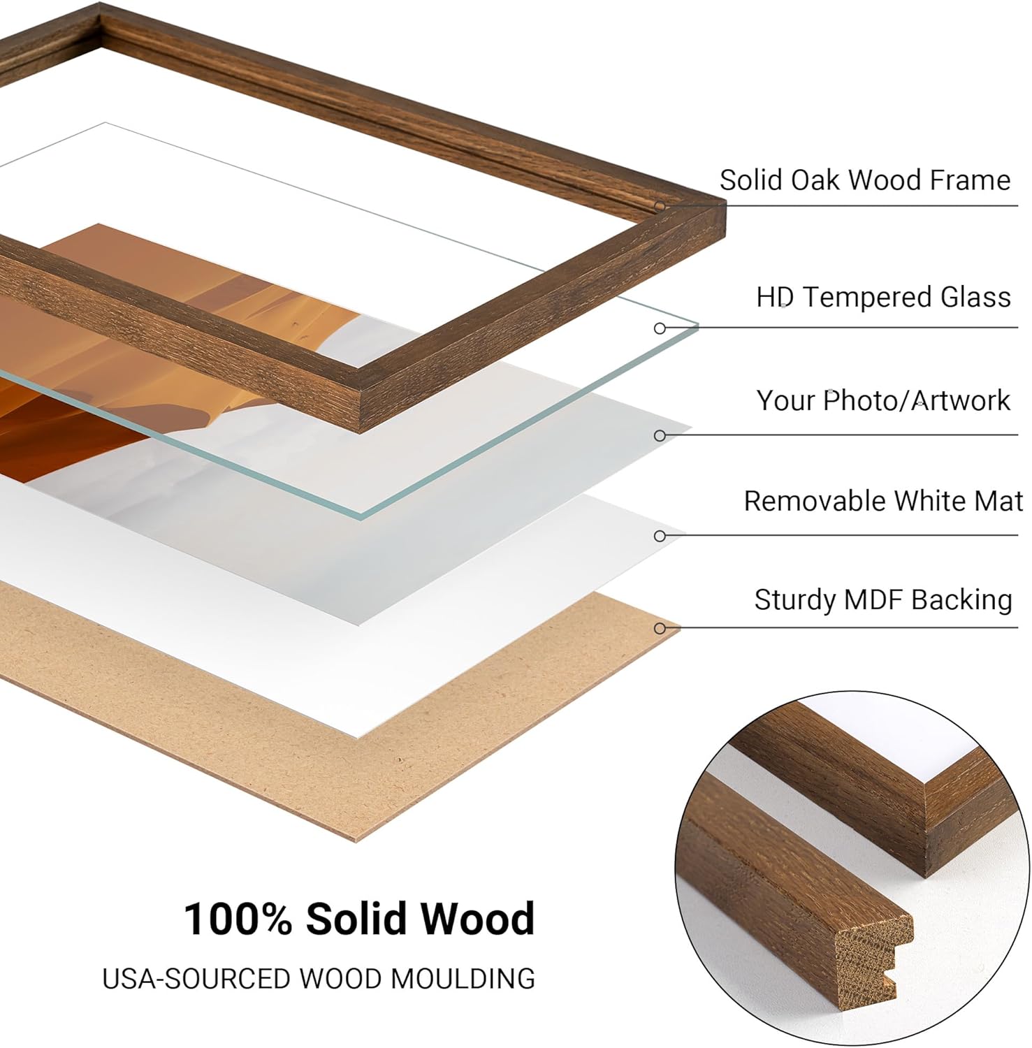 Heimlove 11x13 Picture Frames Solid Oak Wood,13 x 11 Photos Frame with Tempered Glass,Wall Gallery Poster Frame with No Mat,Horizontal and Vertical for Wall Mounting,Home Office Decoration,Walnut Color