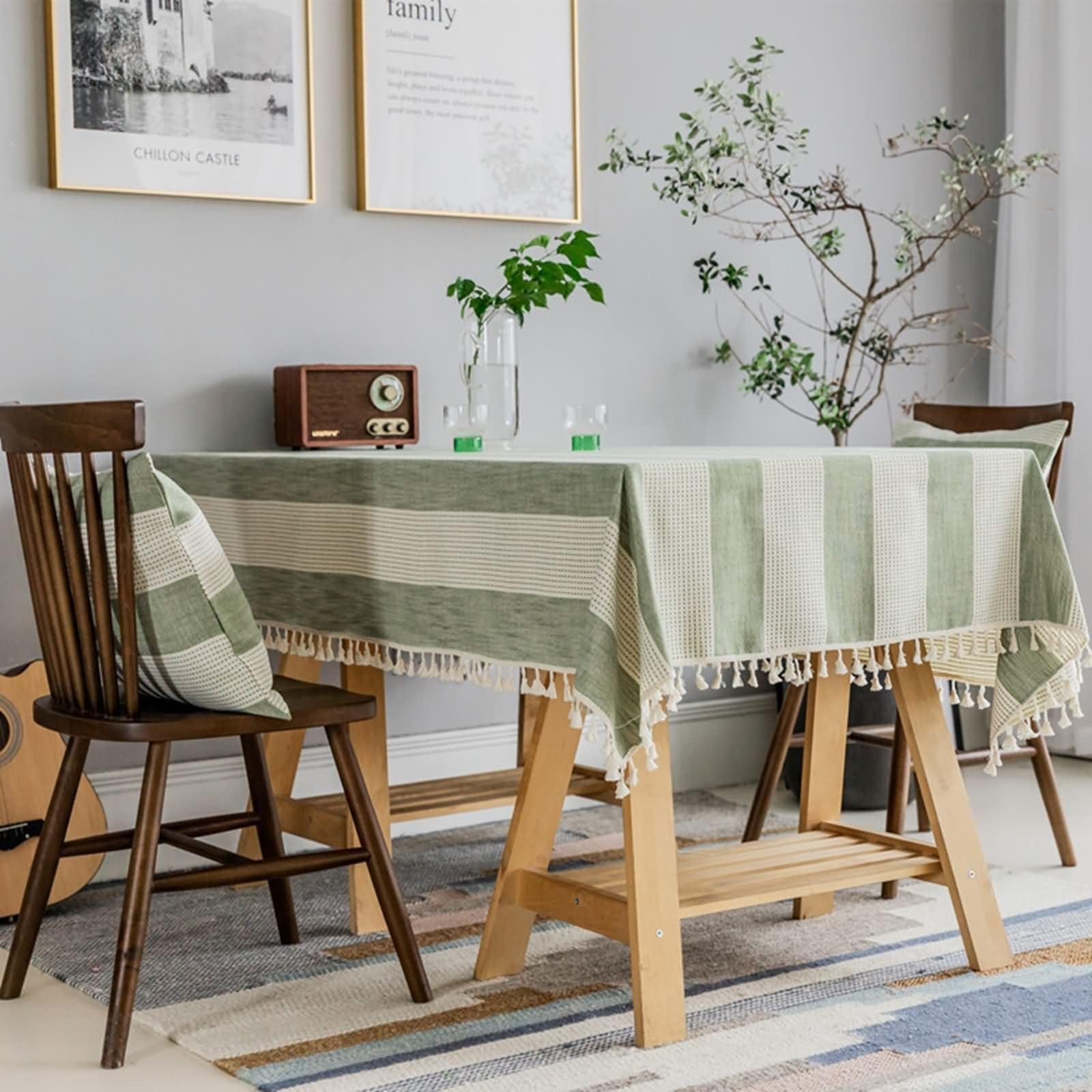 Mantel Rectangular Verde Lavable Exterior, Rayas con Borlas, de Poliéster Fácil de Limpiar, 140 x 160 cm, Mantel para Restaurante