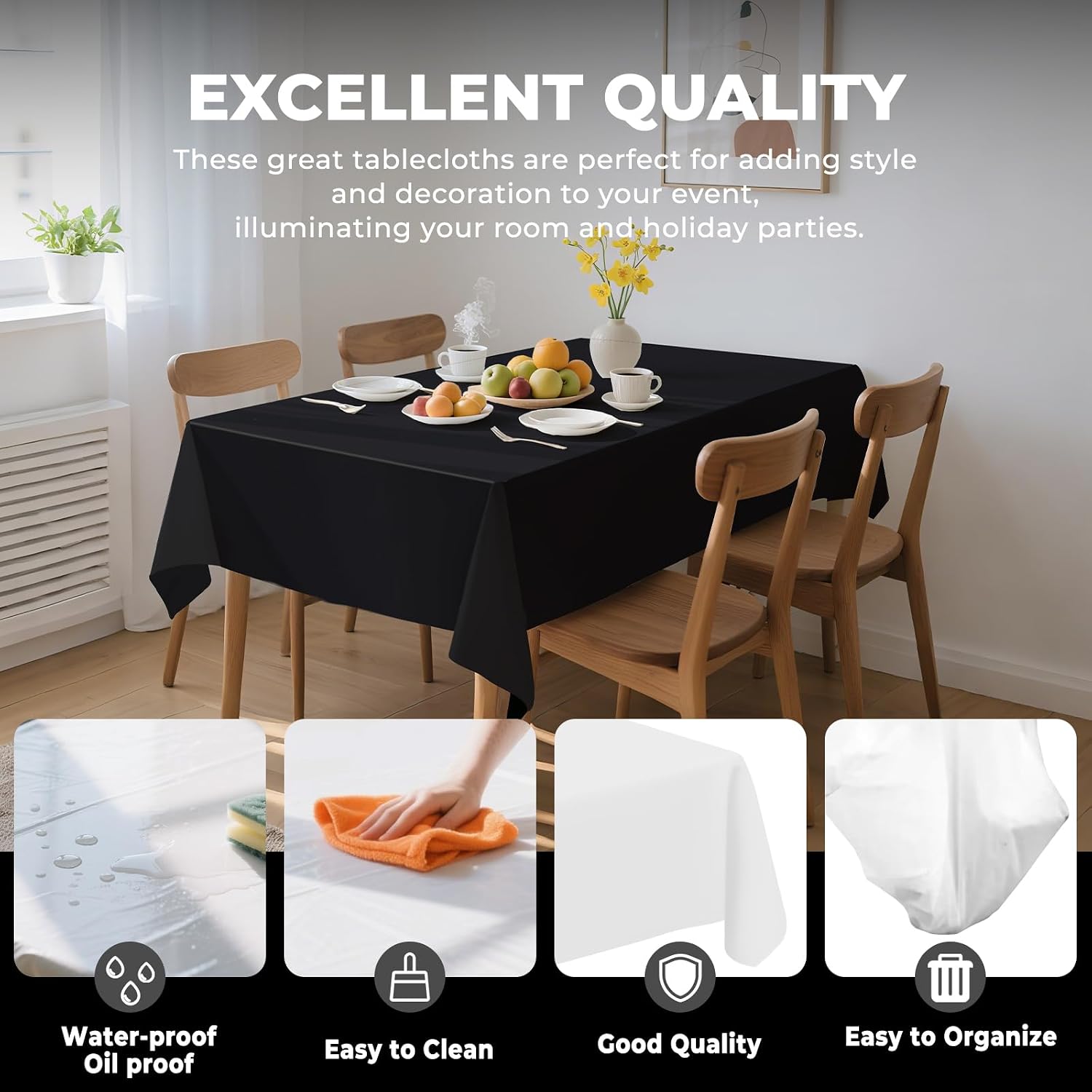 6 Pack Black Plastic Tablecloth 54x108 Inch Disposable Waterproof Rectangle Table Cover for Party Birthday Wedding Picnic Outdoor
