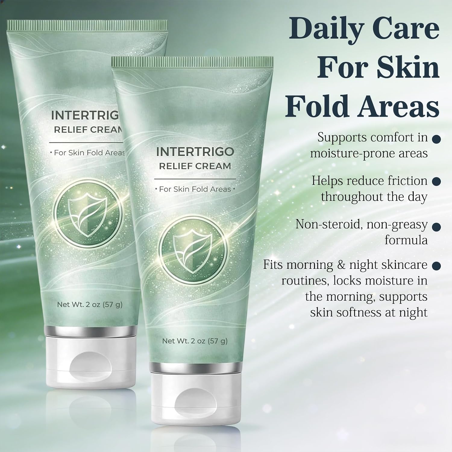 2Pcs Intertrigo Relief Cream, Skin Fold Barrier Cream for Moisture & Friction Protection, Fast-Drying Non-Greasy Formula for Friction-Prone Areas, 2 oz / 57g