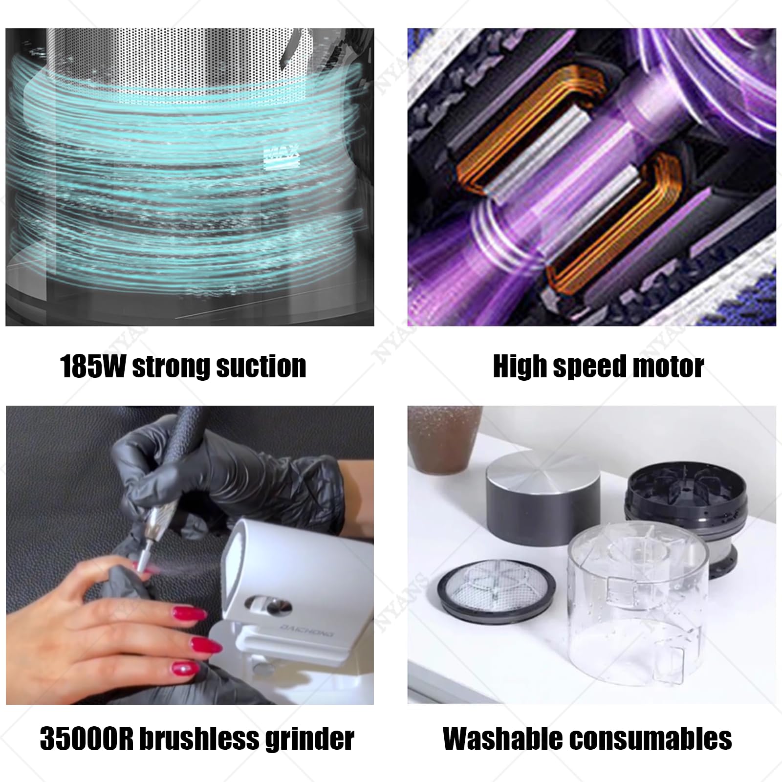NYANS Set Aspirapolvere e Lima per Unghie, 1000-30000 Giri/Min, Batteria da 1600 mAh, velocità Regolabile, Aspiratore per Polvere, Silenzioso Pink