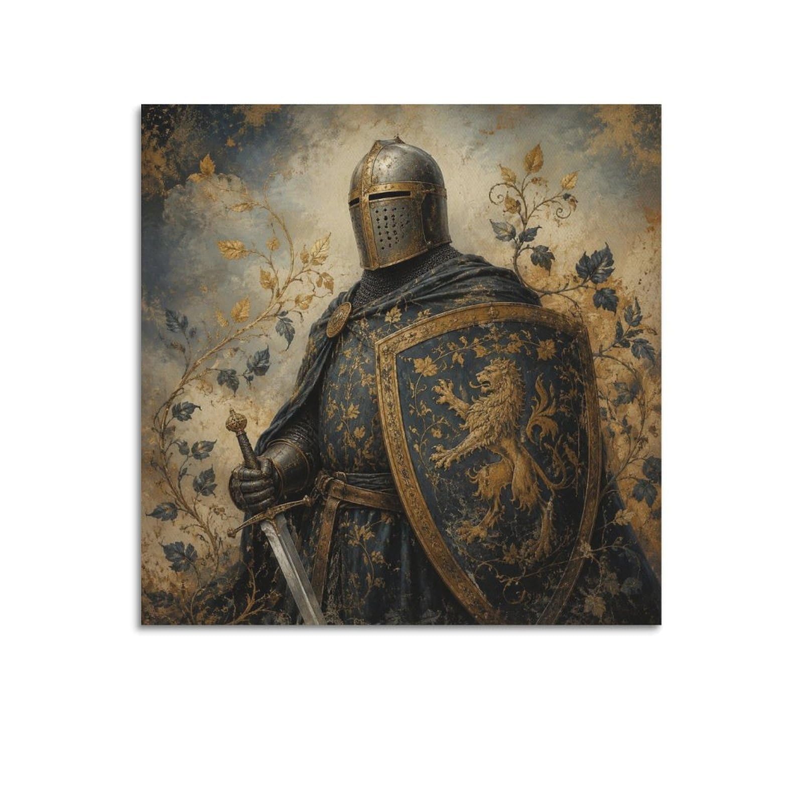 XKUGA Medieval Knight Manuscript Style Poster Lion Shield Heraldry Modern Decorative Canvas Prints - Ideal Wall Art for Family, Man Cave, Game Room, Boys & Girls Bedroom 12x12inch(30x30cm)