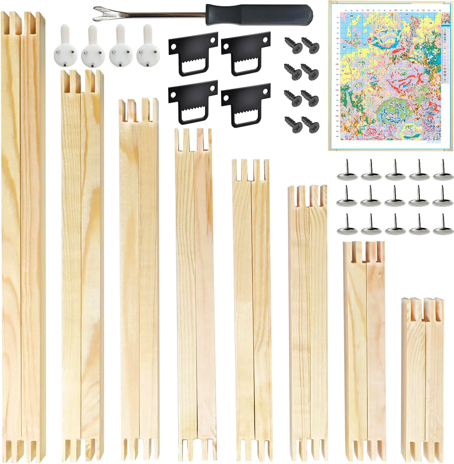 16 PCS Needlepoint Stretcher Bars, 8 Sizes Wooden Canvas Stretcher Bars with Thumb Tacks and Tacks Embroidery Stitch Frame Set for Embroidery, Cross Stitch and Canvas Art Projects
