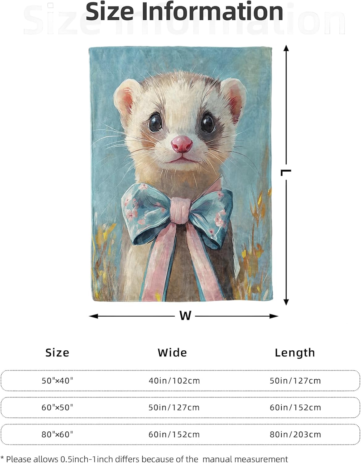 Cute Ferret Blanket for Home Decoration, Blue Bow Animal Design, Kids Boys Girls Women Gifts, 50"x60", Soft Fleece, Lightweight and Breathable, Ideal for Sofa Bed Office Picnic Dorm - Image 3