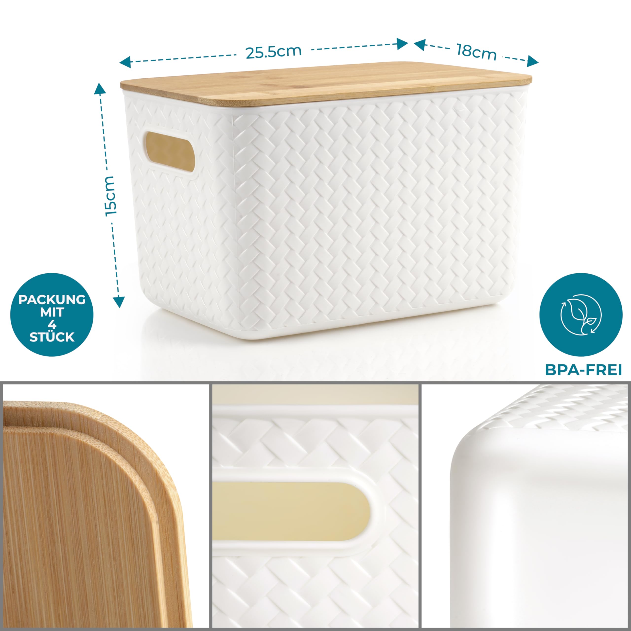 Winter Shore Große Aufbewahrungsbox mit Deckel aus Bambus (4er-Pack) | Stapelboxen, Kunststoffbox mit Deckel für Schreibtisch & Büro - Strapazierfähige Plastikboxen