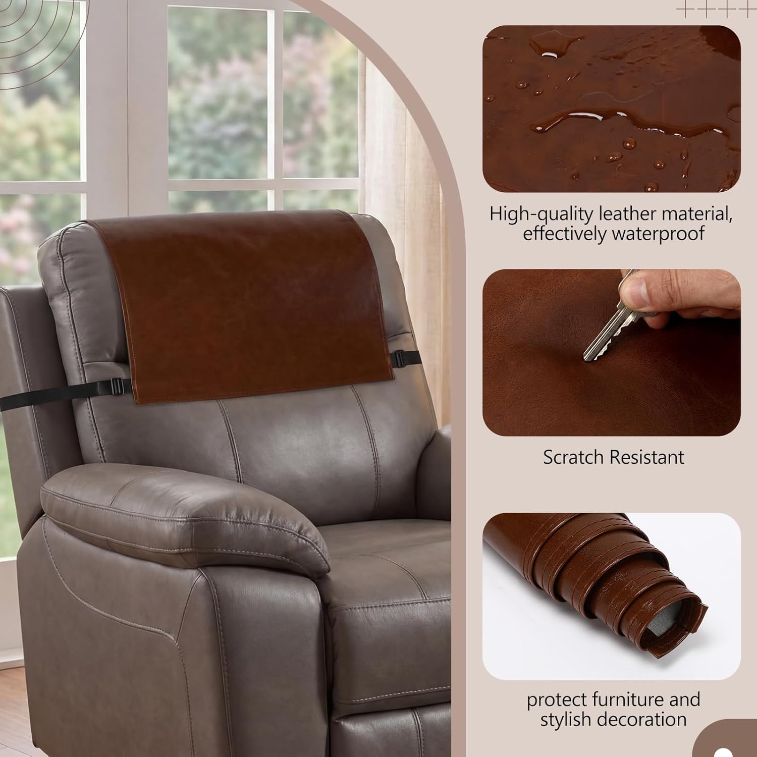 Gilprop 2 Pack Non Slip Recliner Headrest Cover 17 x 27 Inch Brown Waterproof Couch Sofa Headrest Protector Washable Leather Head Rest Cover for Furniture, Living Room, Office Chairs Accessories