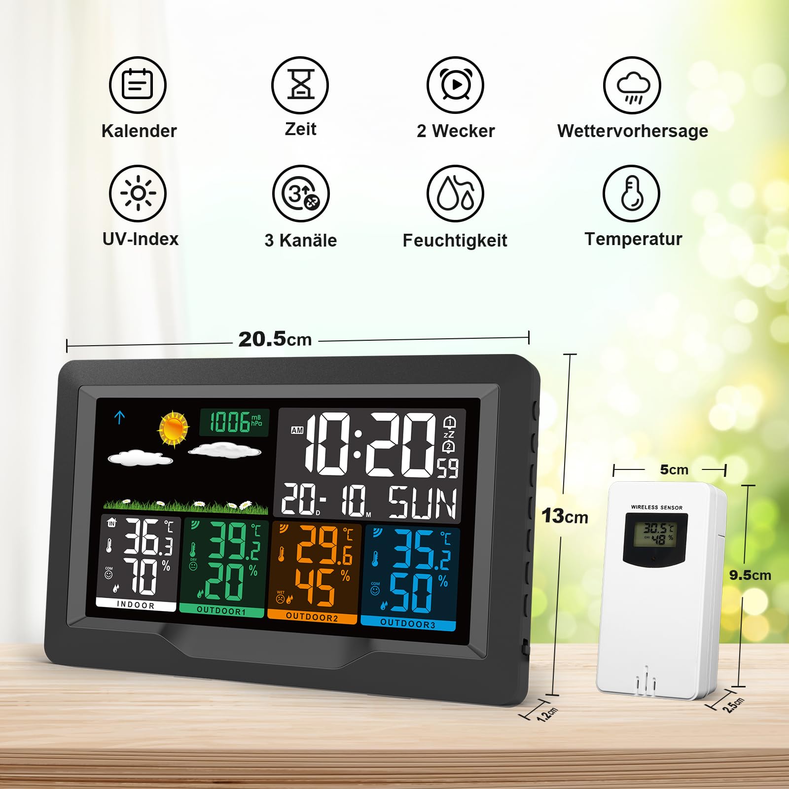 jely Wetterstation Funk mit 3 Außensensor Farbdisplay Funkwetterstationen Innen Thermometer Hygrometer Außen Termometerstation Funk Wetterstation mit Wettervorhersage, Temperatur, Luftfeuchtigkeit