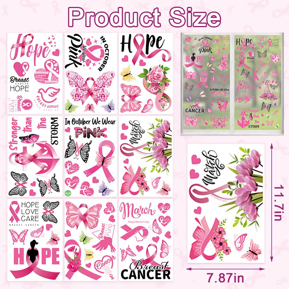 Hying 9PCS Breast Cancer Awareness Window Clings for Glass Windows Removable, Hope Fight Cancer Theme Pink Ribbon Window Sticker for Breast Cancer Awareness Supplies Party Decoration Accessories