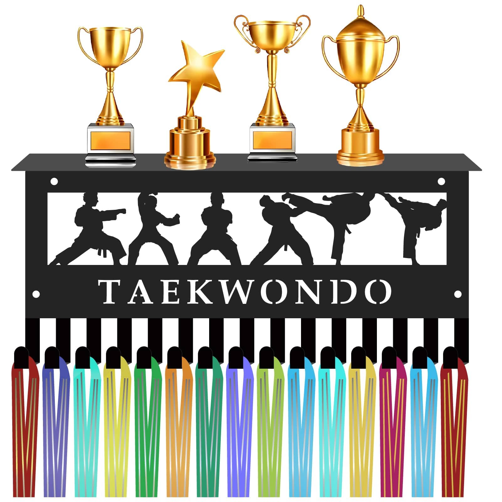 CREATCABIN Taekwondo Medal Holder Medal Hanger Display with Trophy Shelf Iron Hook Sports Frame Wall Mount Medal Rack for Hanging Medals Badges Kickboxing Belt Punching Throwing Kicking 11.8 x 5.1Inch