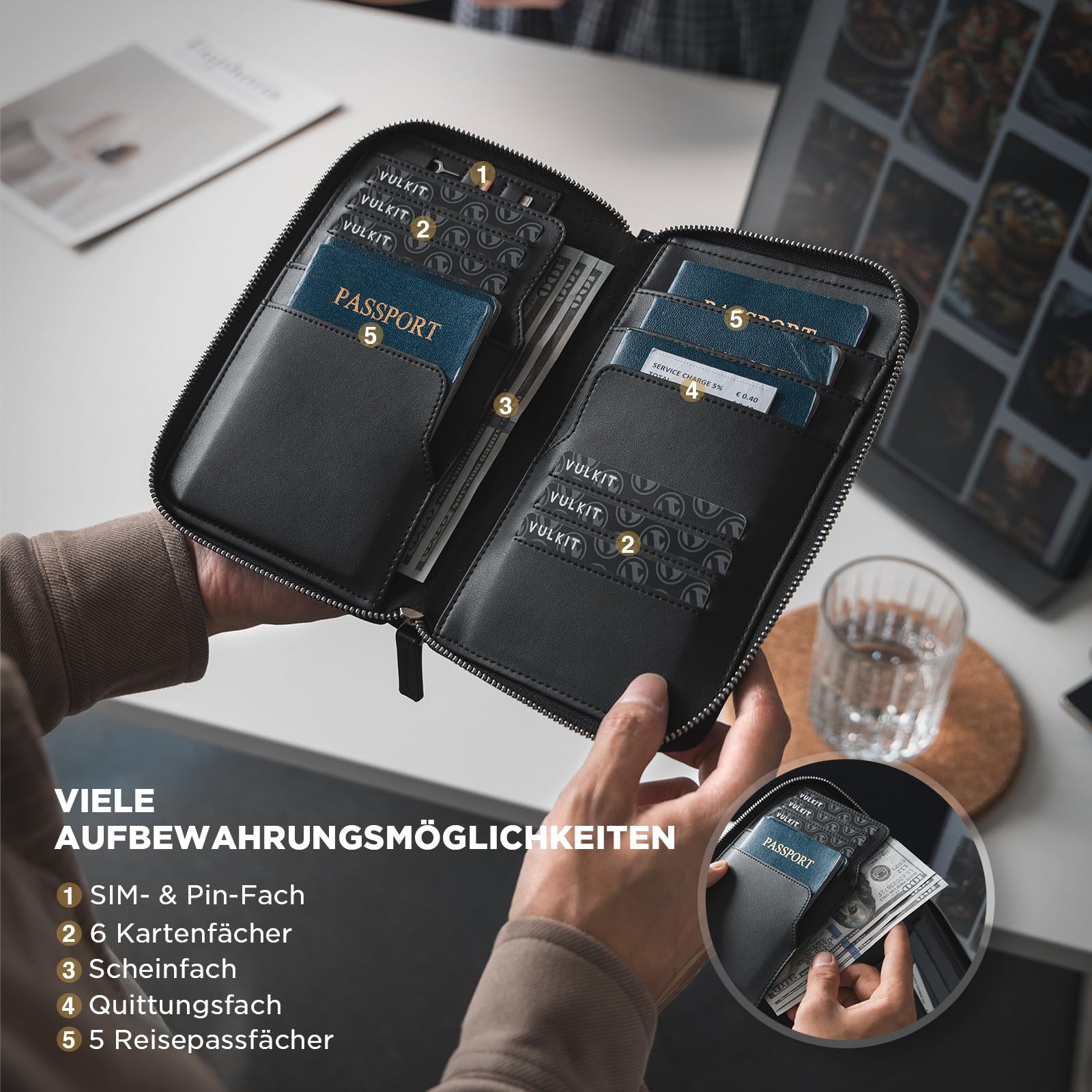 VULKIT Leder Reisepass-Halter – Familien-Reisedokumenten-Organizer mit RFID-Blocking – Slim Reisebörse mit Mehreren Passfächern, SIM-Kartenfach & Mehrfach-Kartenhaltern für Herren (Schwarz)