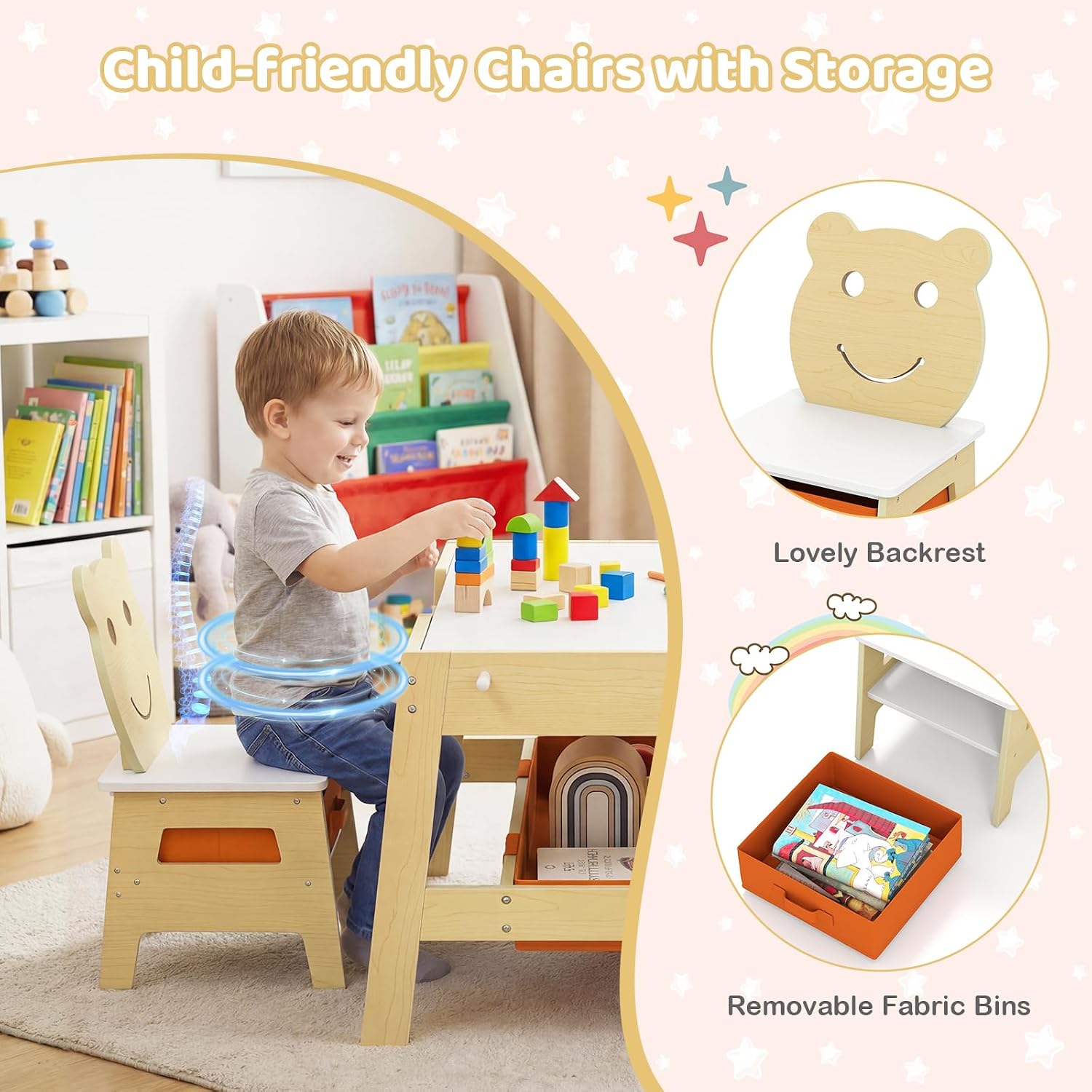 HONEY JOY Kids Table and Chairs, Children Wooden Activity Set w/Double-Sided Whiteboard/Chalkboard, Storage, Hooks, for Art, Craft, Drawing, Reading, 3-10 Years Old (Natural, 27.5” x 24” x 18”)