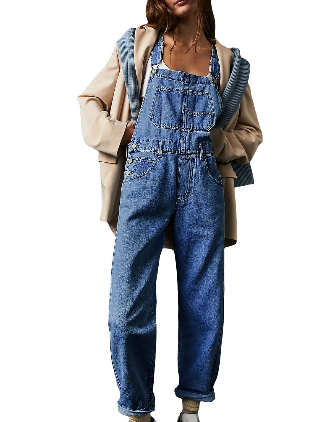 Sukany Salopette da donna casual in denim con spalline regolabili larghe salopette pagliaccetto tuta harem pantaloni